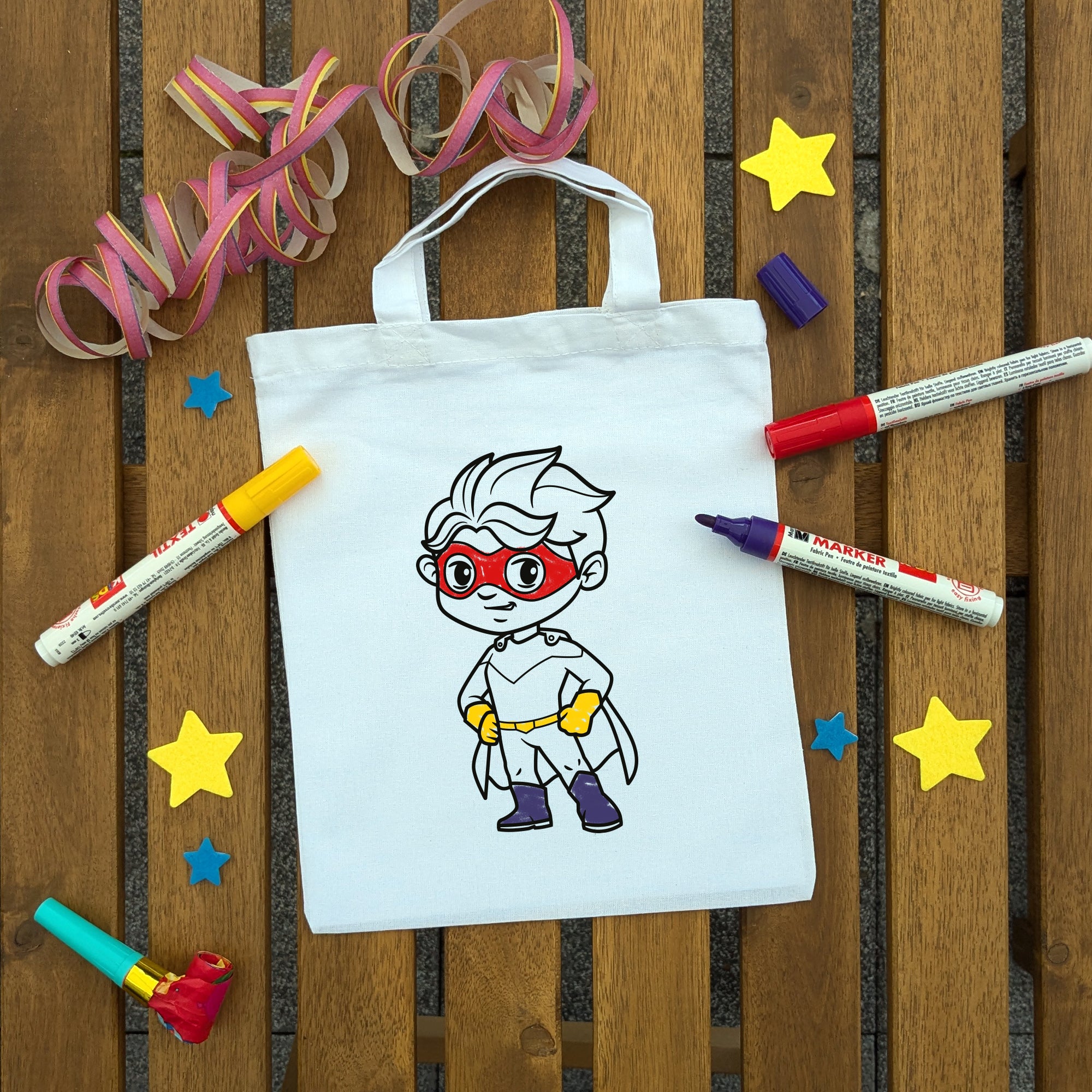 Superheld Junge Kindertaschen (5 Stück) zum Ausmalen, 22 x 26 cm, 100% Baumwolle