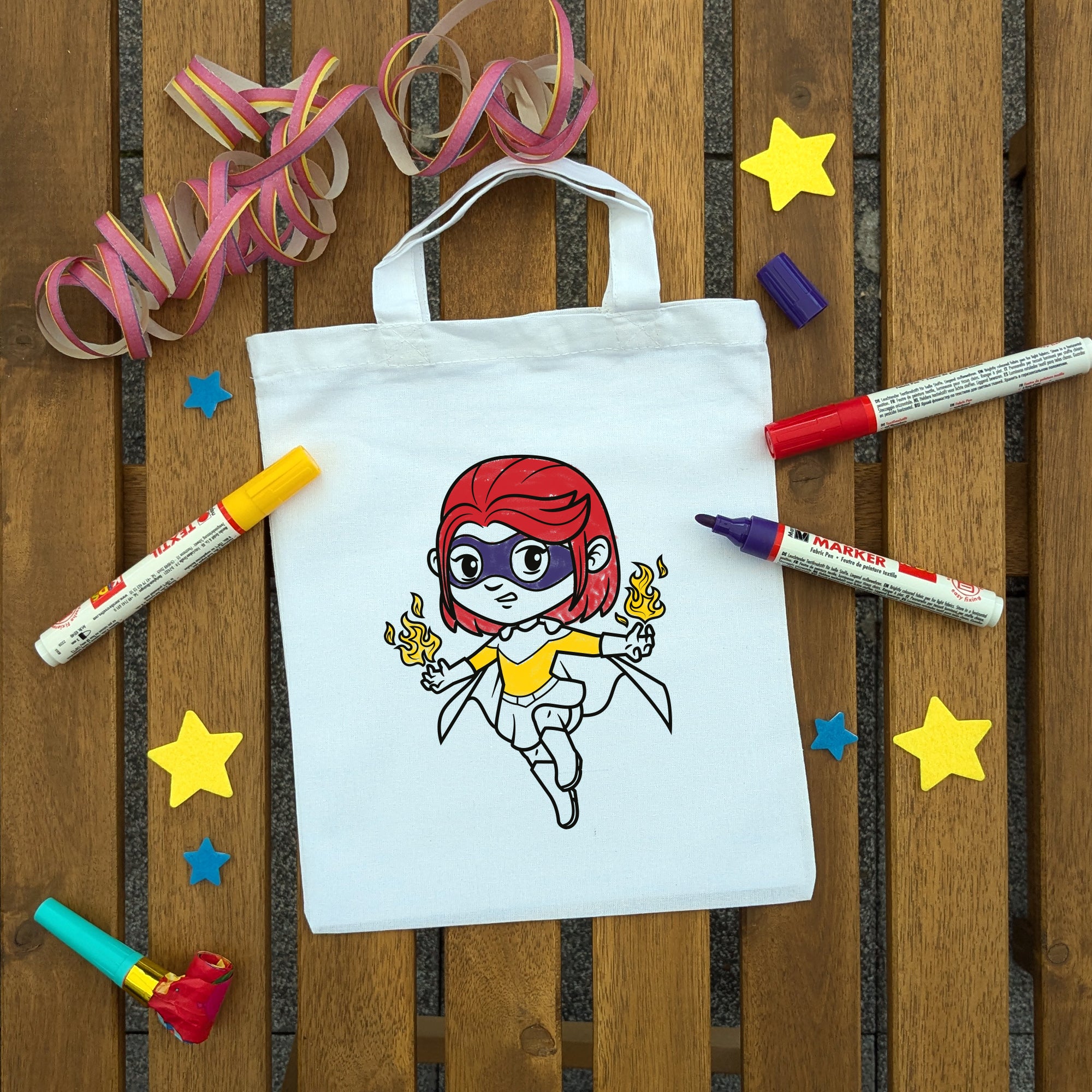 Superheldin Feuer Mädchen Kindertaschen zum Ausmalen, 22 x 26 cm, 100% Baumwolle
