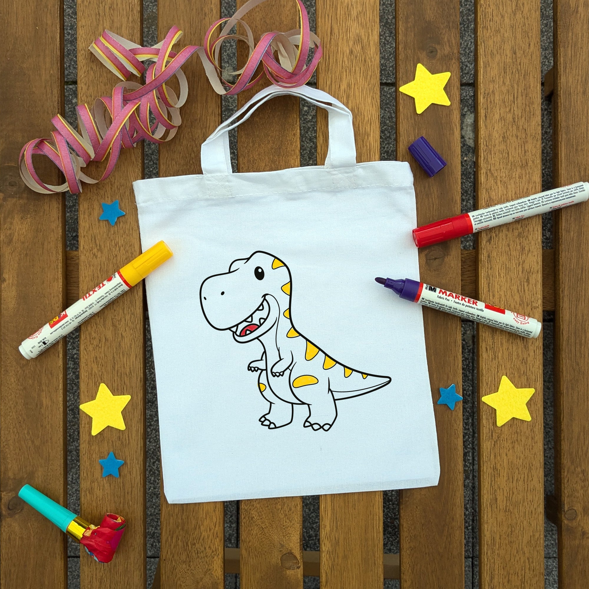 T-Rex Dinosaurier Kindertaschen zum Ausmalen, 22 x 26 cm, 100% Baumwolle