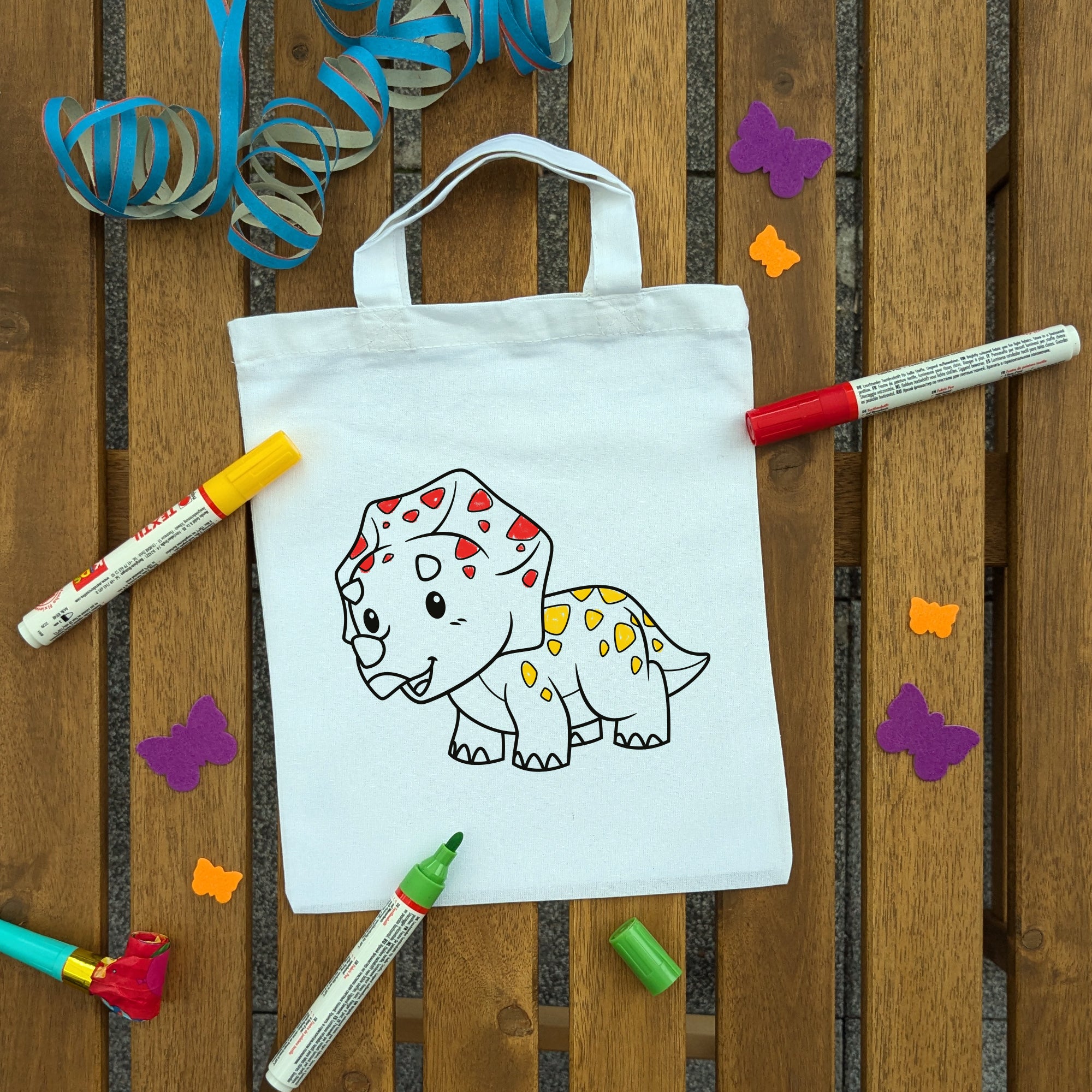 Triceratops Dinosaurier Kindertaschen zum Ausmalen, 22 x 26 cm, 100% Baumwolle