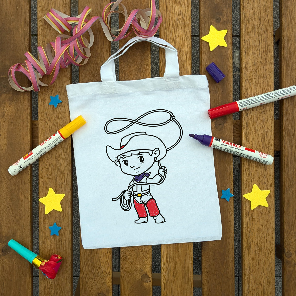 Cowboy Ausmaltasche für Kinder, bunt ausgemalt