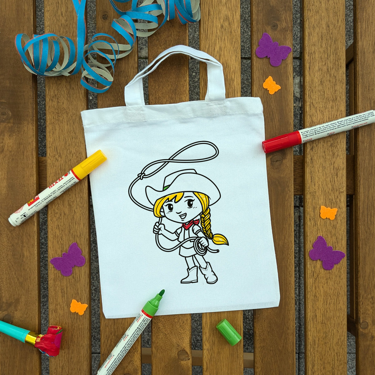 Cowgirl Ausmaltasche für Kinder, bunt ausgemalt