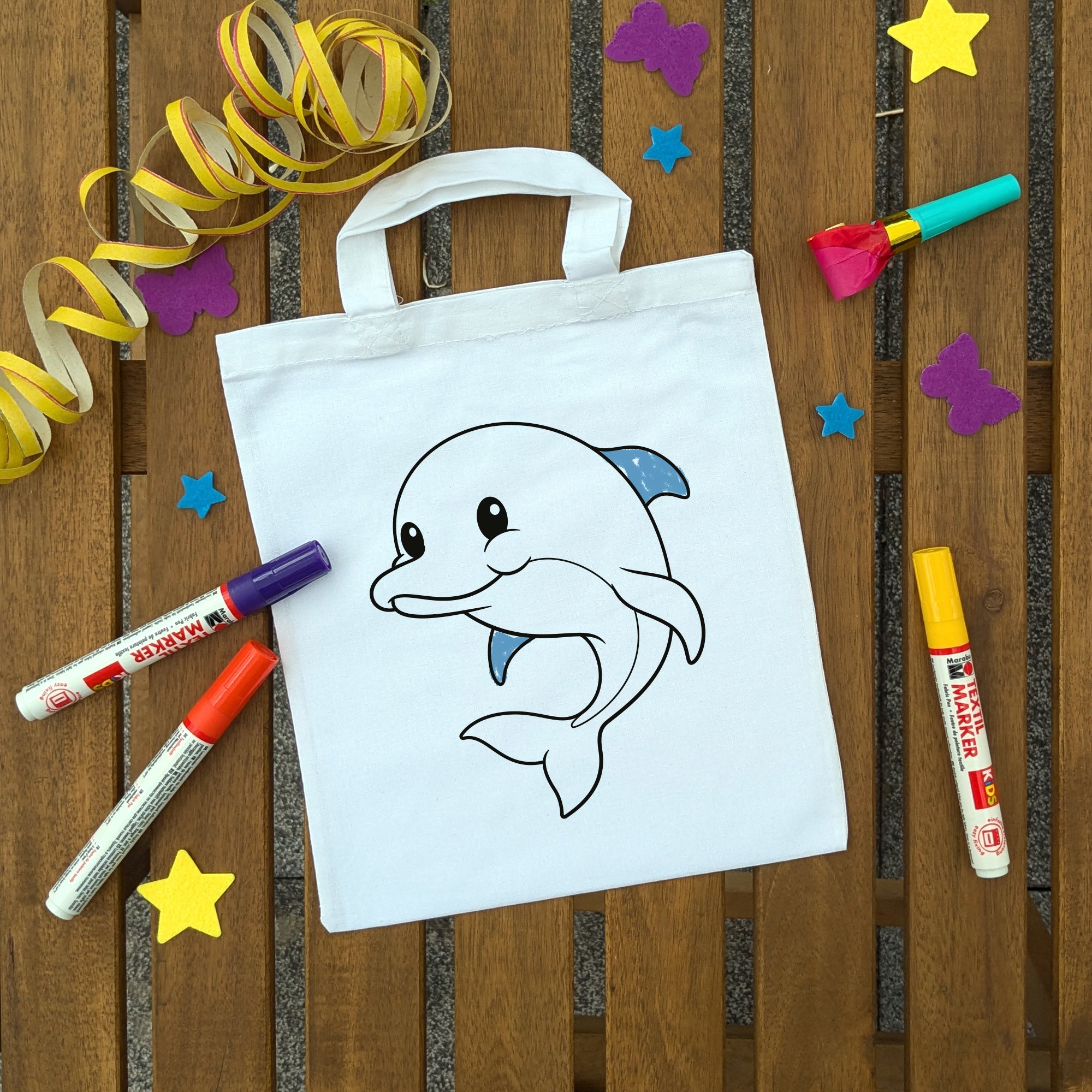 Delfin Kindertaschen (5 Stück) zum Ausmalen, 22 x 26 cm, 100% Baumwolle