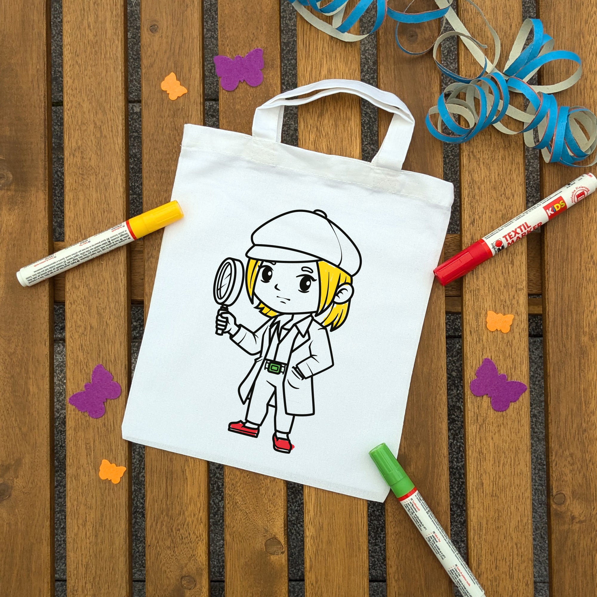 Detektivin Kindertaschen zum Ausmalen, 22 x 26 cm, 100% Baumwolle