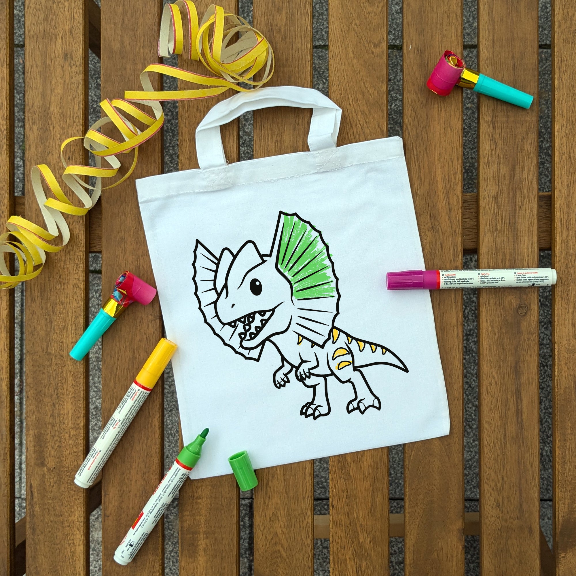 Dilophosaurus Dinosaurier Kindertaschen zum Ausmalen, 22 x 26 cm, 100% Baumwolle