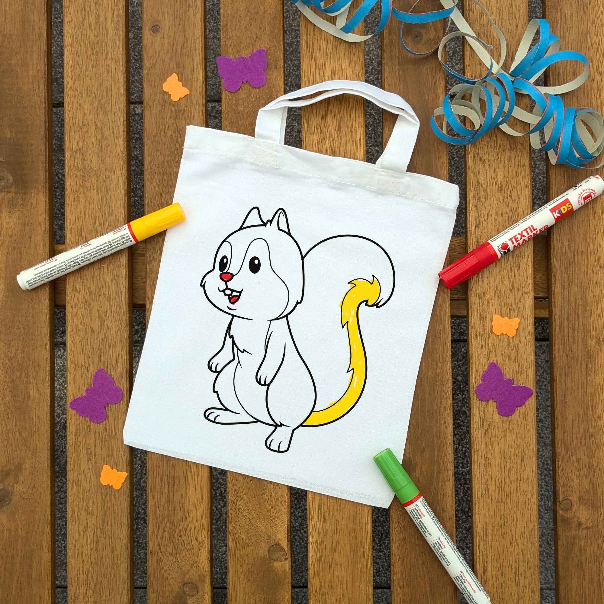 Eichhörnchen Kindertaschen zum Ausmalen, 22 x 26 cm, 100% Baumwolle