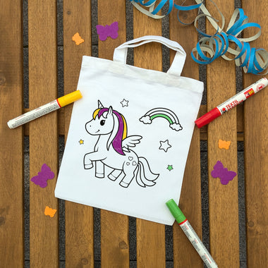 Einhorn Regenbogen Kindertaschen zum Ausmalen, 22 x 26 cm, 100% Baumwolle
