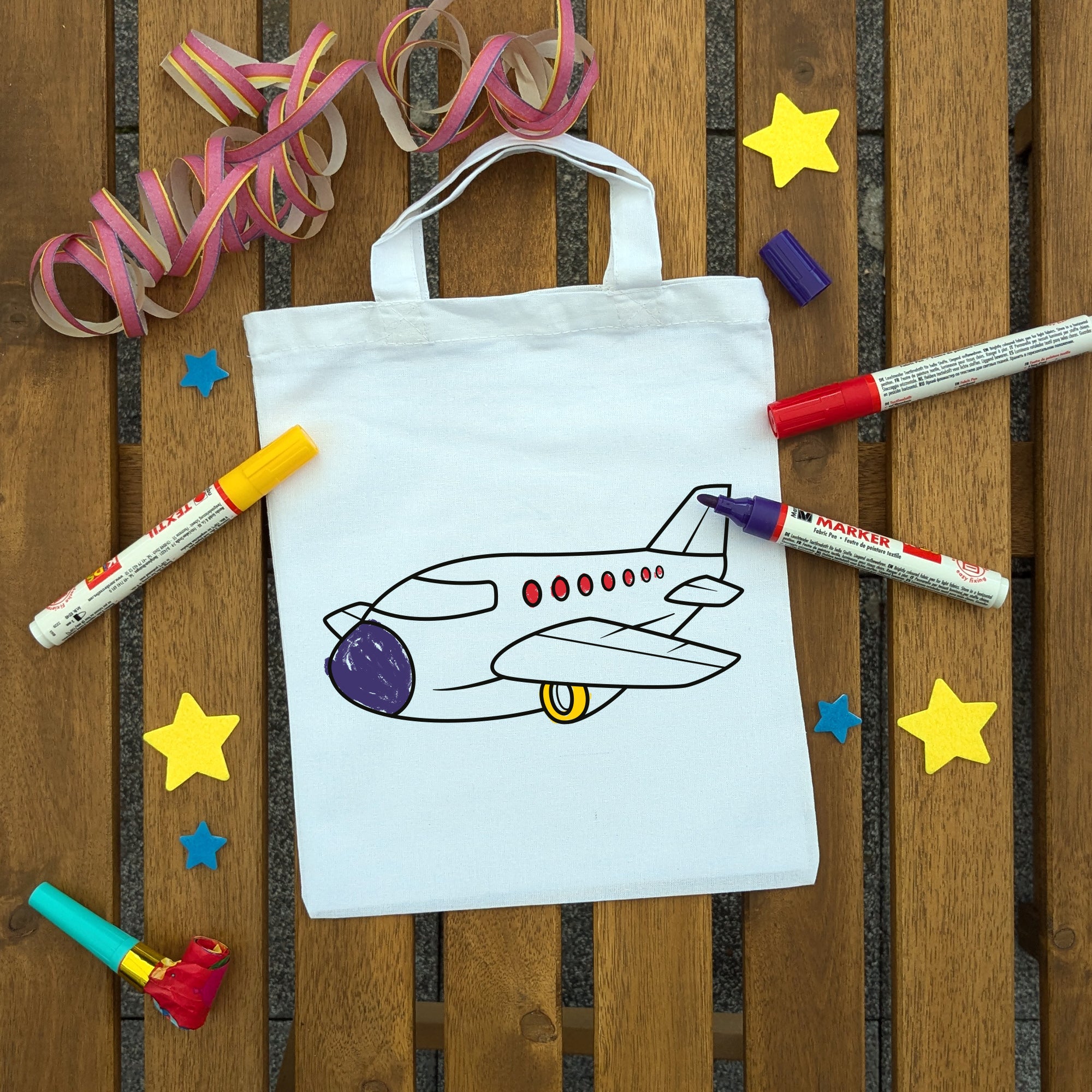 Flugzeug Kindertaschen zum Ausmalen, 22 x 26 cm, 100% Baumwolle