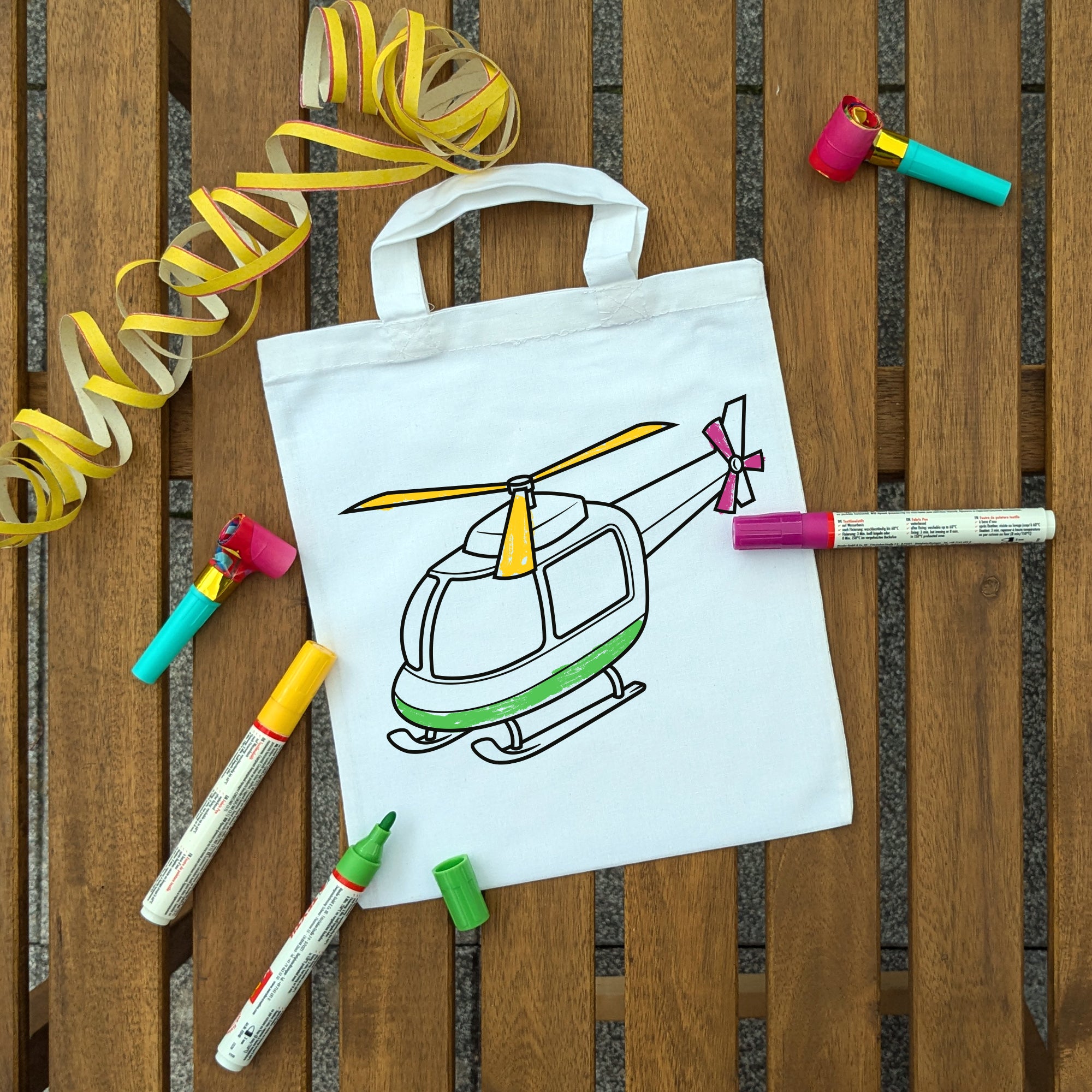Hubschrauber Helikopter Kindertaschen zum Ausmalen, 22 x 26 cm, 100% Baumwolle