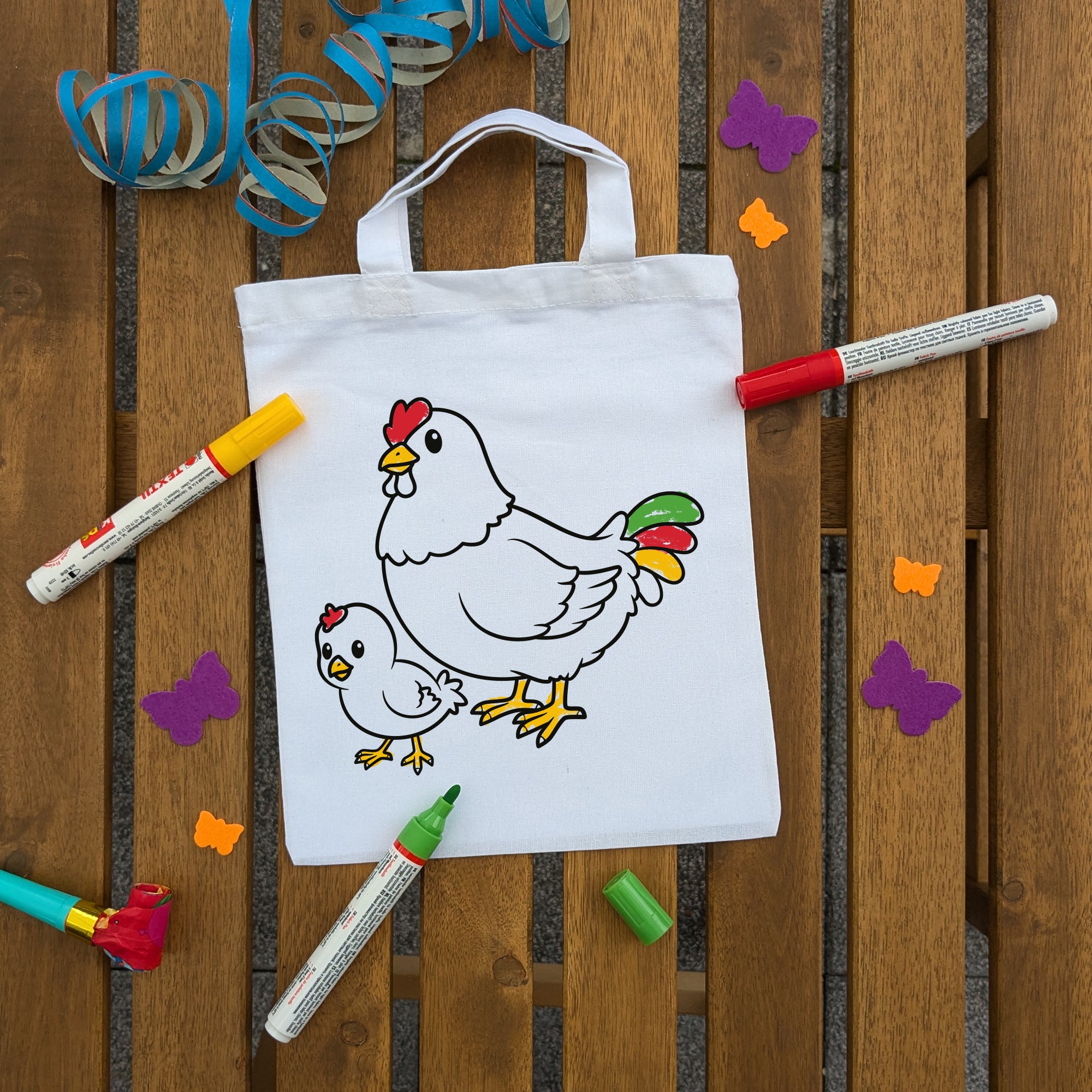 Huhn mit Küken Kindertaschen zum Ausmalen, 22 x 26 cm, 100% Baumwolle