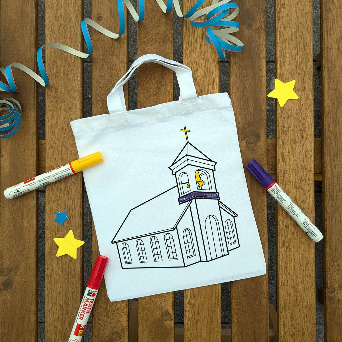 Kirche Ausmaltasche für Kinder, bunt ausgemalt