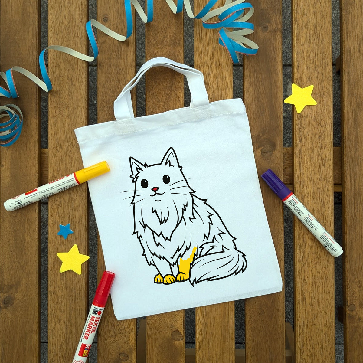 Maine Coon Ausmaltasche für Kinder, bunt ausgemalt