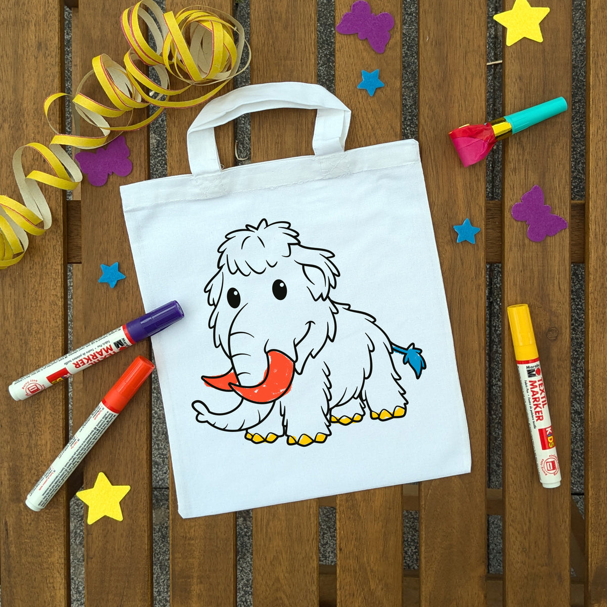 Mammut Ausmaltasche für Kinder, bunt ausgemalt