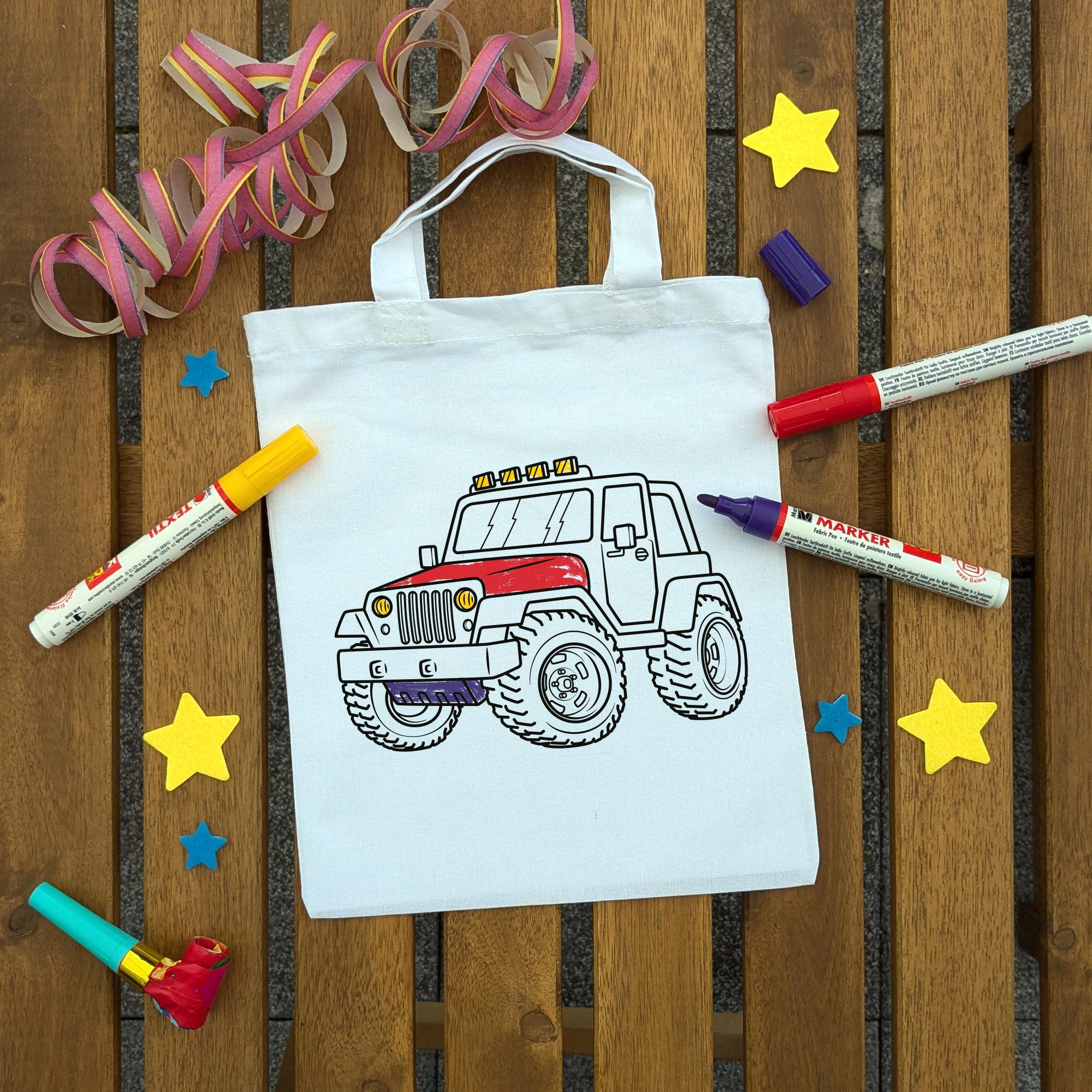 Geländewagen Kindertaschen zum Ausmalen, 22 x 26 cm, 100% Baumwolle