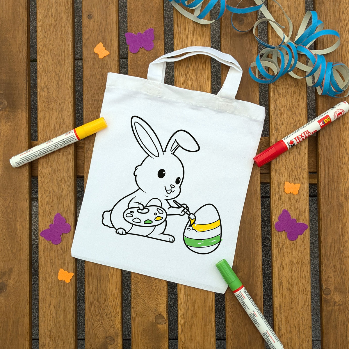 Osterhase Ausmaltasche für Kinder, bunt ausgemalt