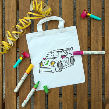 Rennauto Kindertaschen zum Ausmalen, 22 x 26 cm, 100% Baumwolle