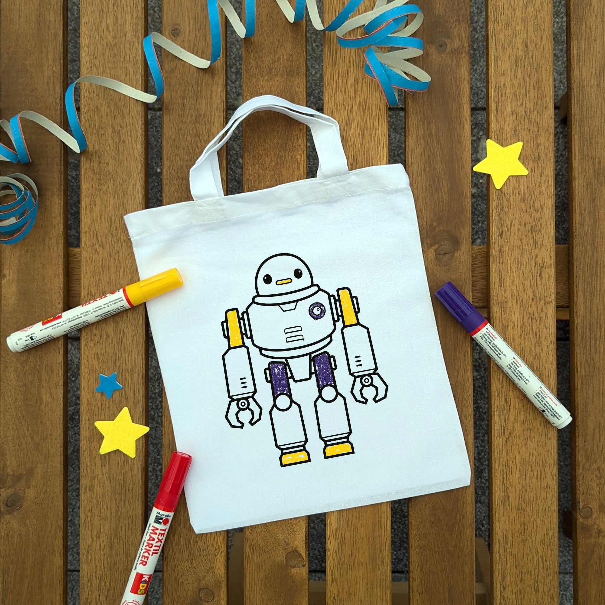 Roboter Kindertaschen (5 Stück) zum Ausmalen, 22 x 26 cm, 100% Baumwolle
