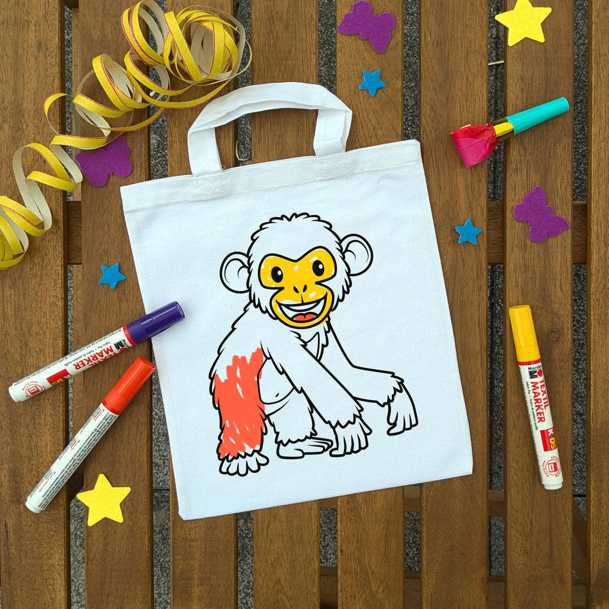Schimpanse Ausmaltasche für Kinder, bunt ausgemalt