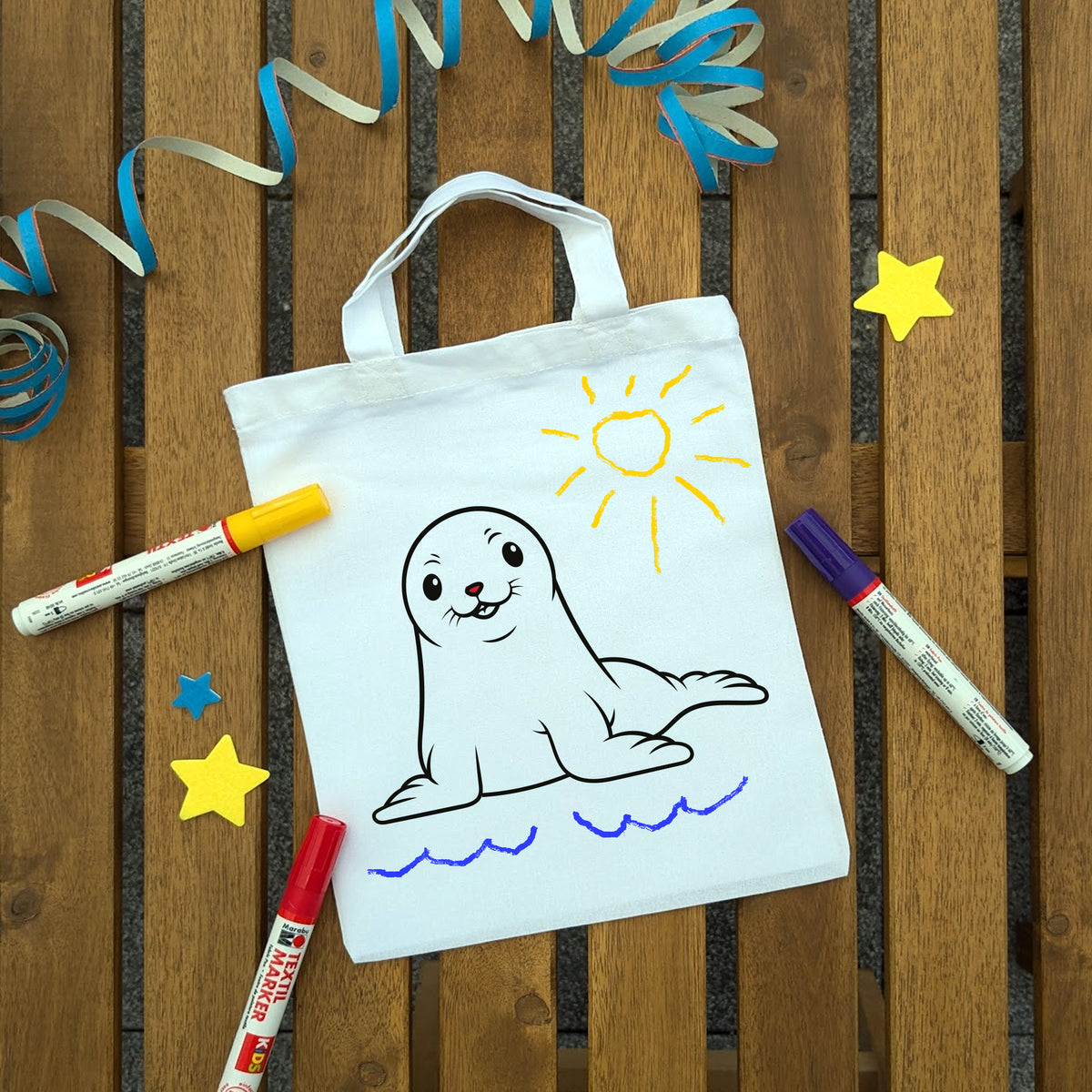 Seehund Ausmaltasche für Kinder, bunt ausgemalt