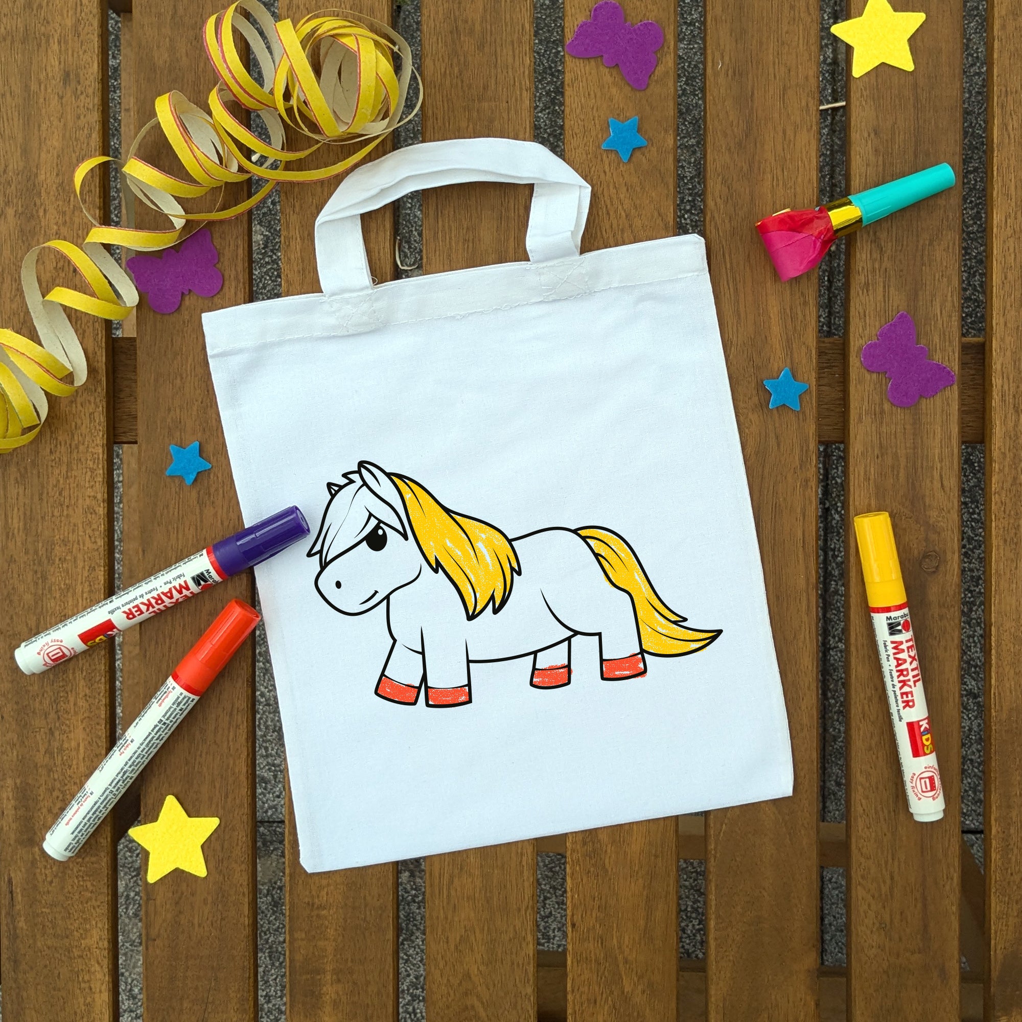 Shetlandpony Kindertaschen (5 Stück) zum Ausmalen, 22 x 26 cm, 100% Baumwolle