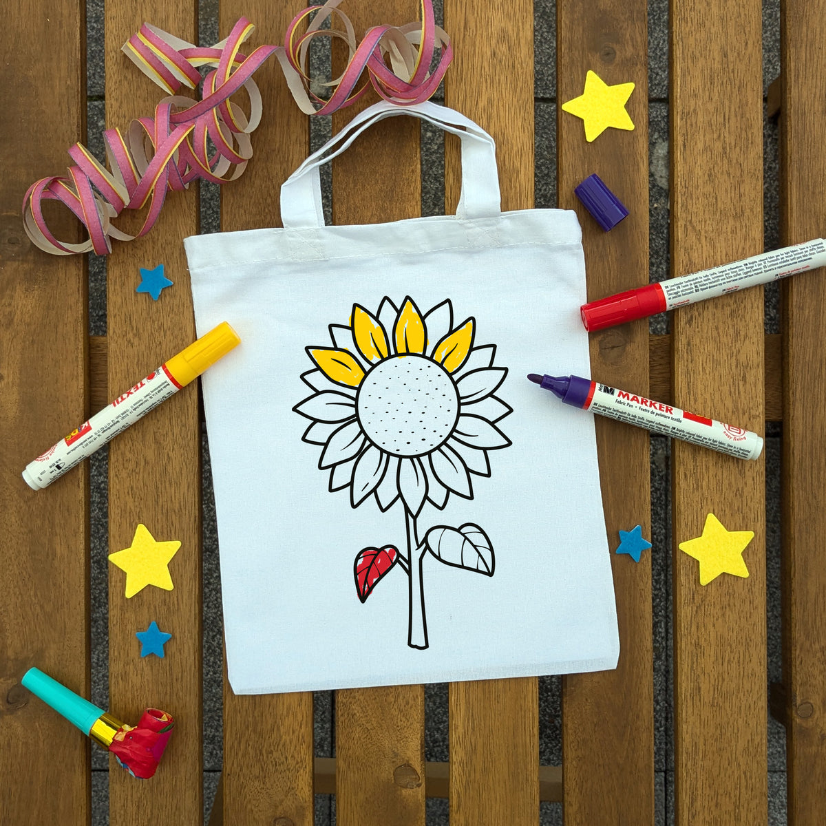 Sonnenblume Ausmaltasche für Kinder, bunt ausgemalt