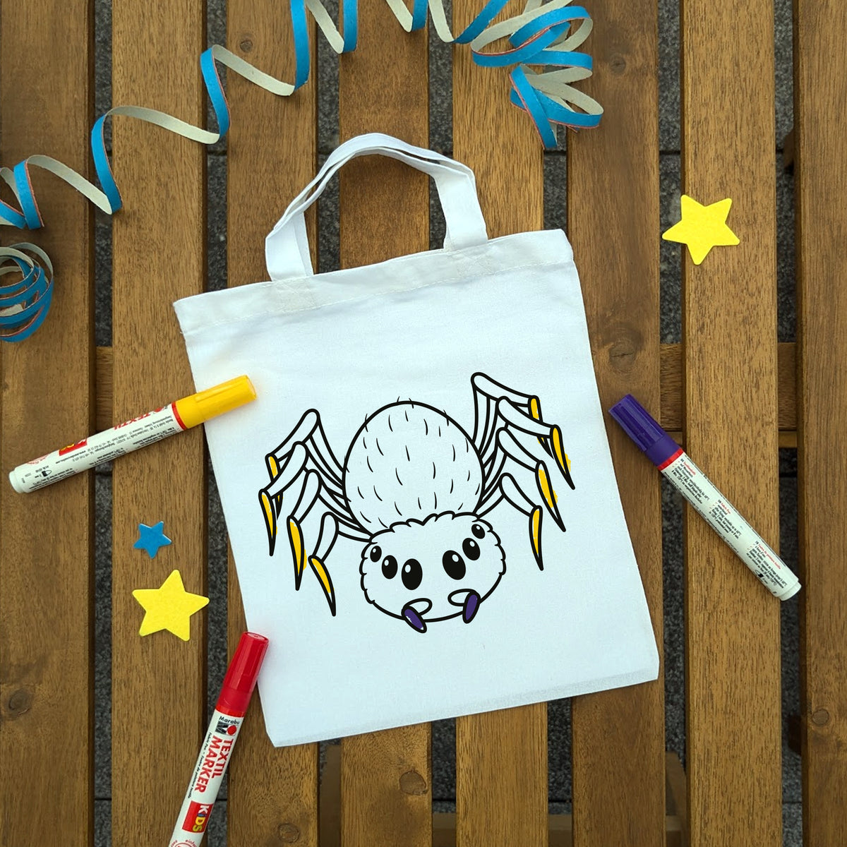 Spinne Ausmaltasche für Kinder, bunt ausgemalt