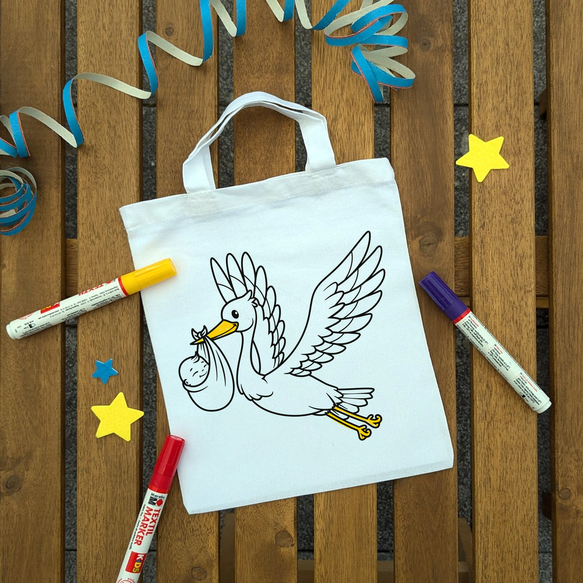 Storch Ausmaltasche für Kinder, bunt ausgemalt