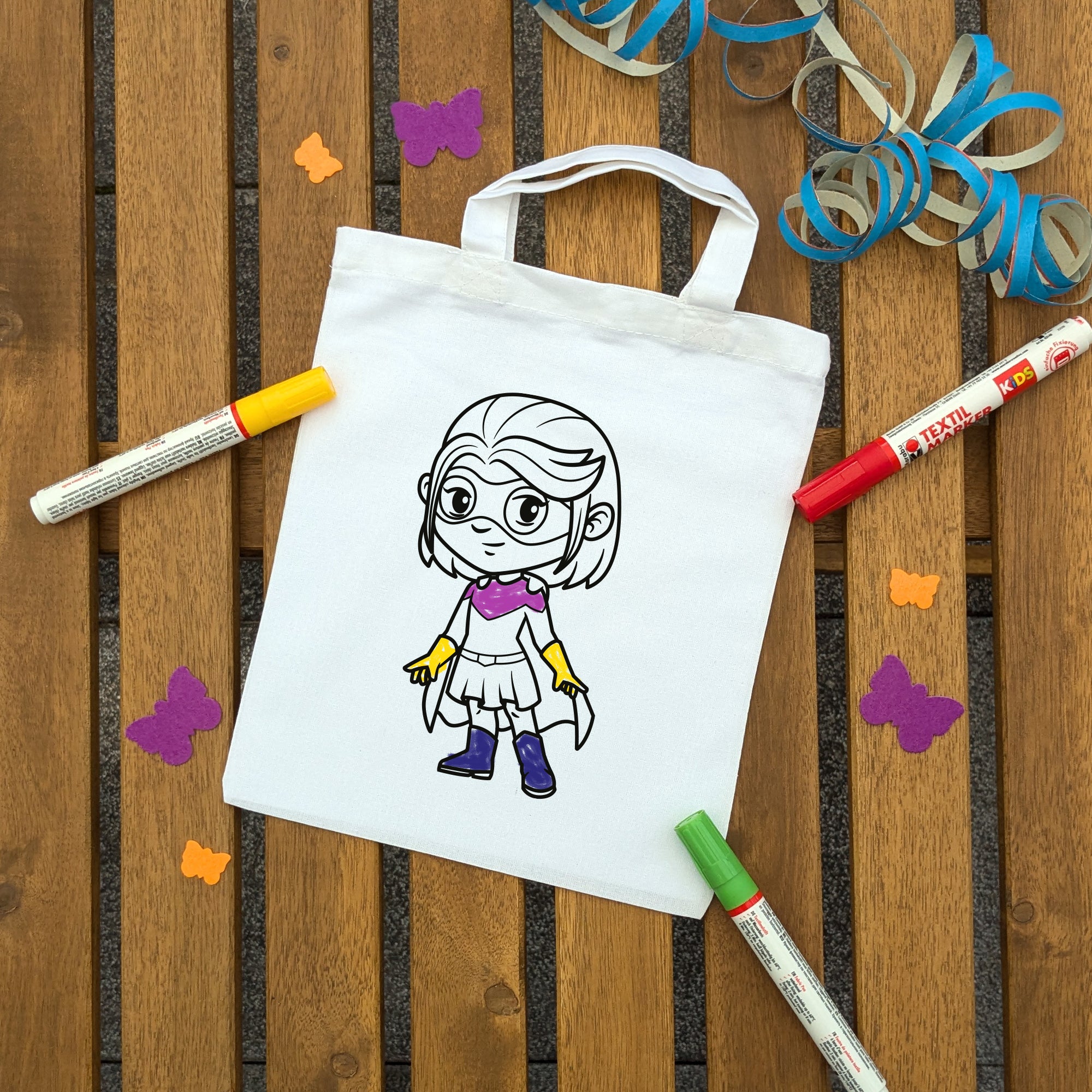 Superheldin Mädchen Kindertaschen zum Ausmalen, 22 x 26 cm, 100% Baumwolle