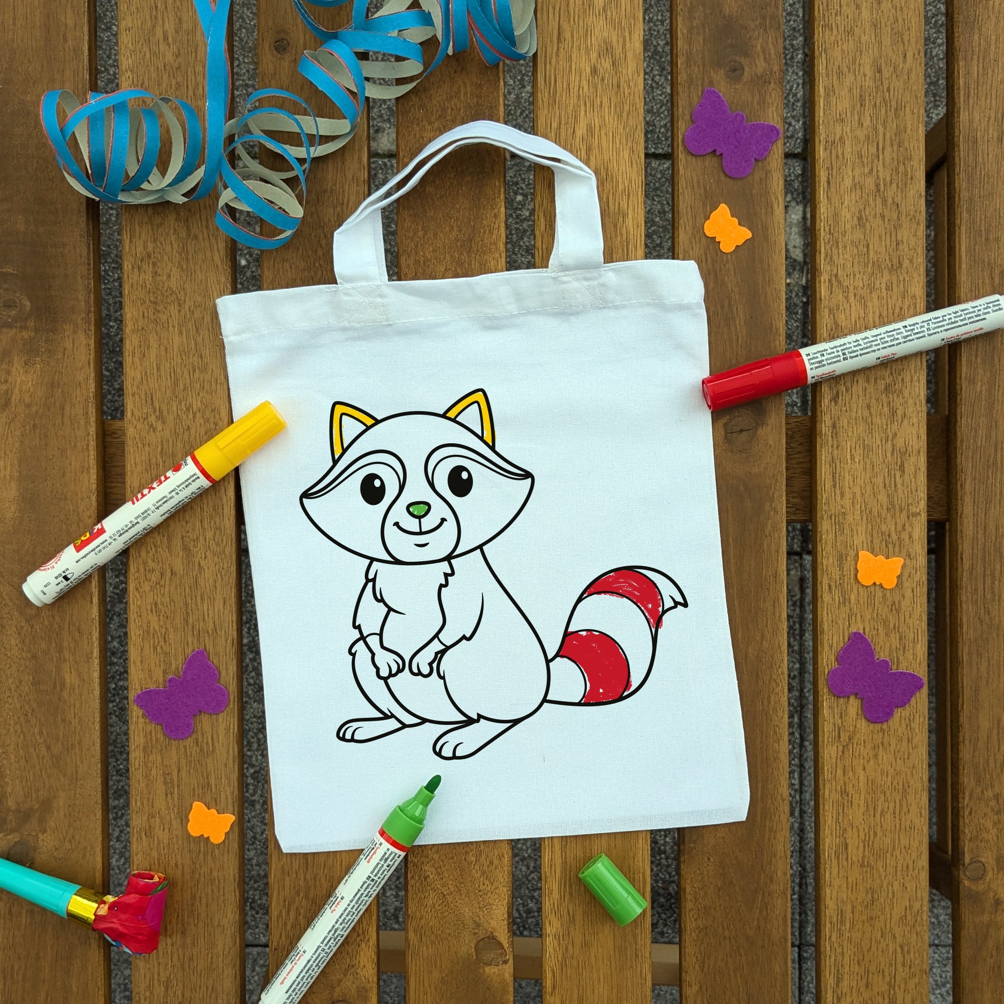 Waschbär Kindertaschen zum Ausmalen, 22 x 26 cm, 100% Baumwolle