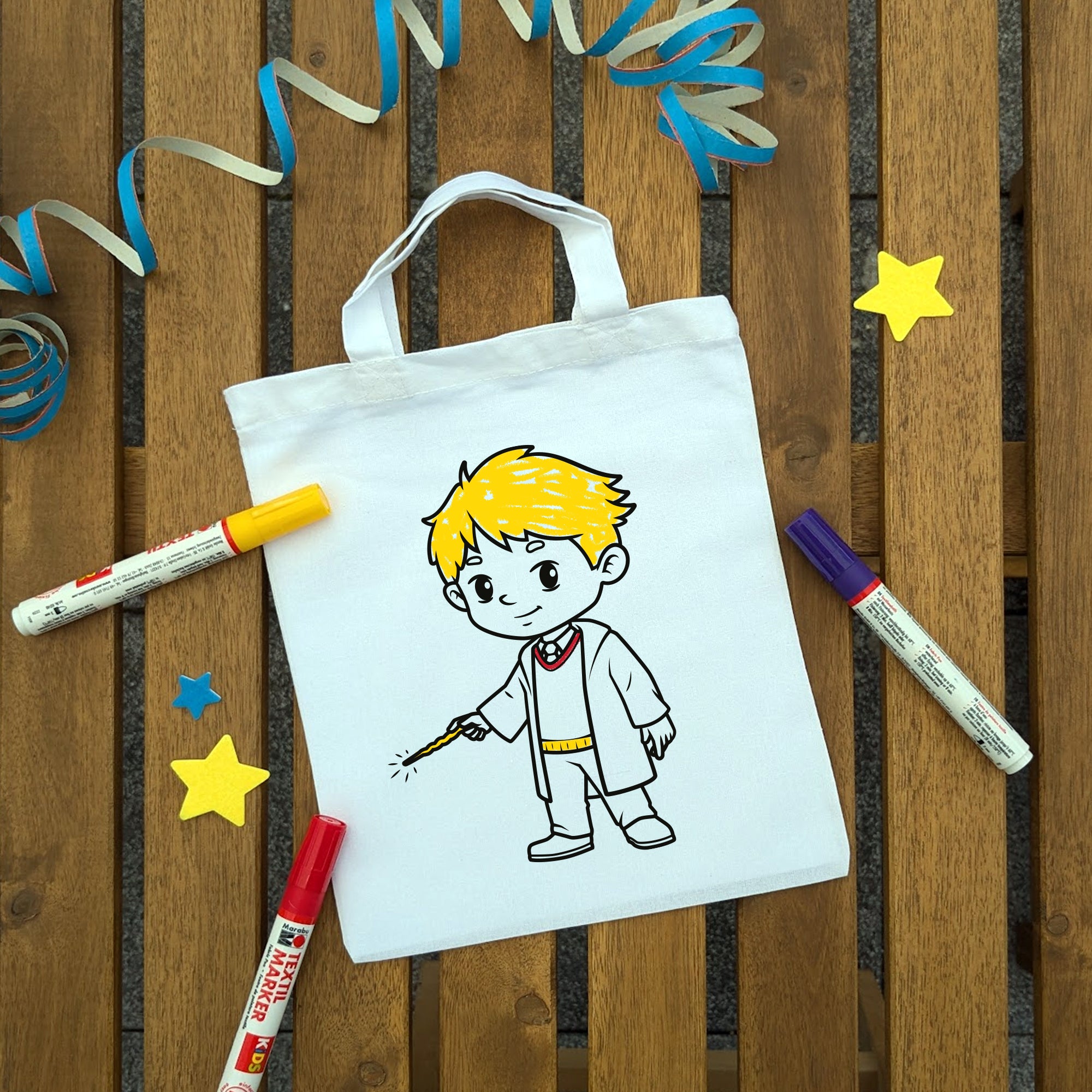 Zauberer Junge Kindertaschen (5 Stück) zum Ausmalen, 22 x 26 cm, 100% Baumwolle