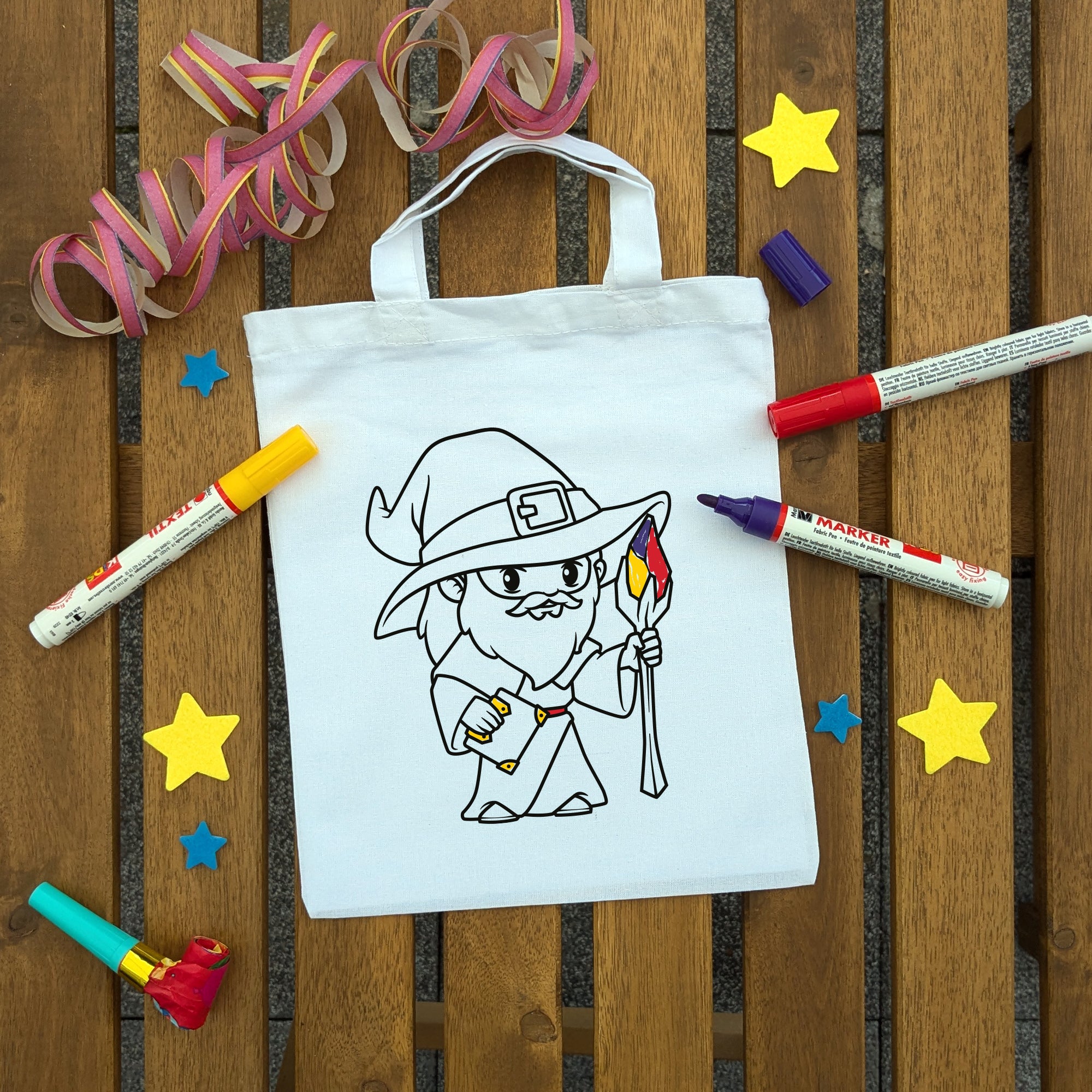 Zauberer Kindertaschen (5 Stück) zum Ausmalen, 22 x 26 cm, 100% Baumwolle