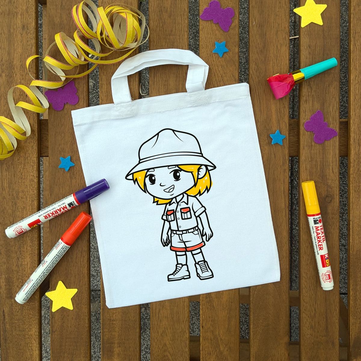 Zoowärterin Ausmaltasche für Kinder, bunt ausgemalt
