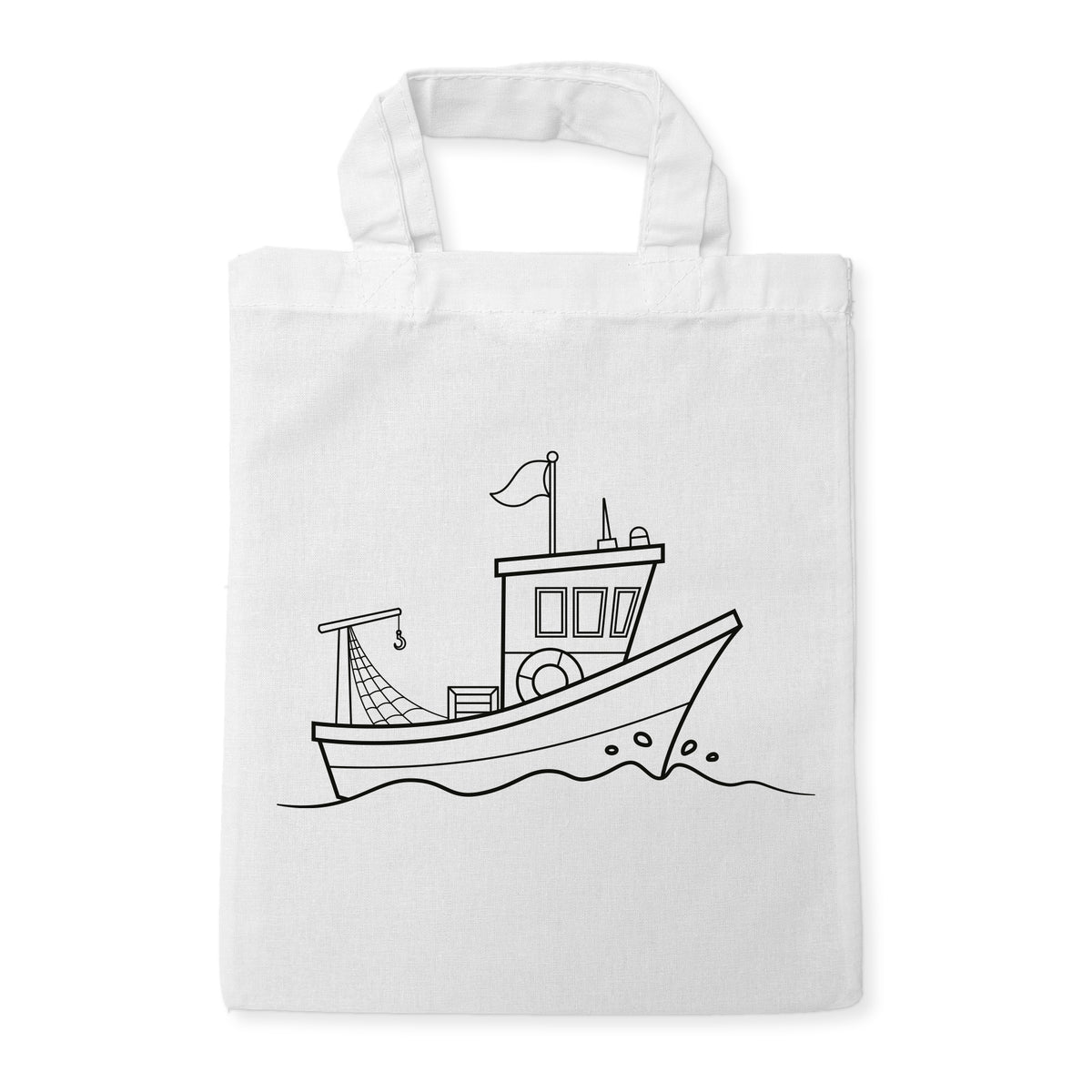 Fischerboot Ausmaltasche für Kinder, unbemaltes Motiv