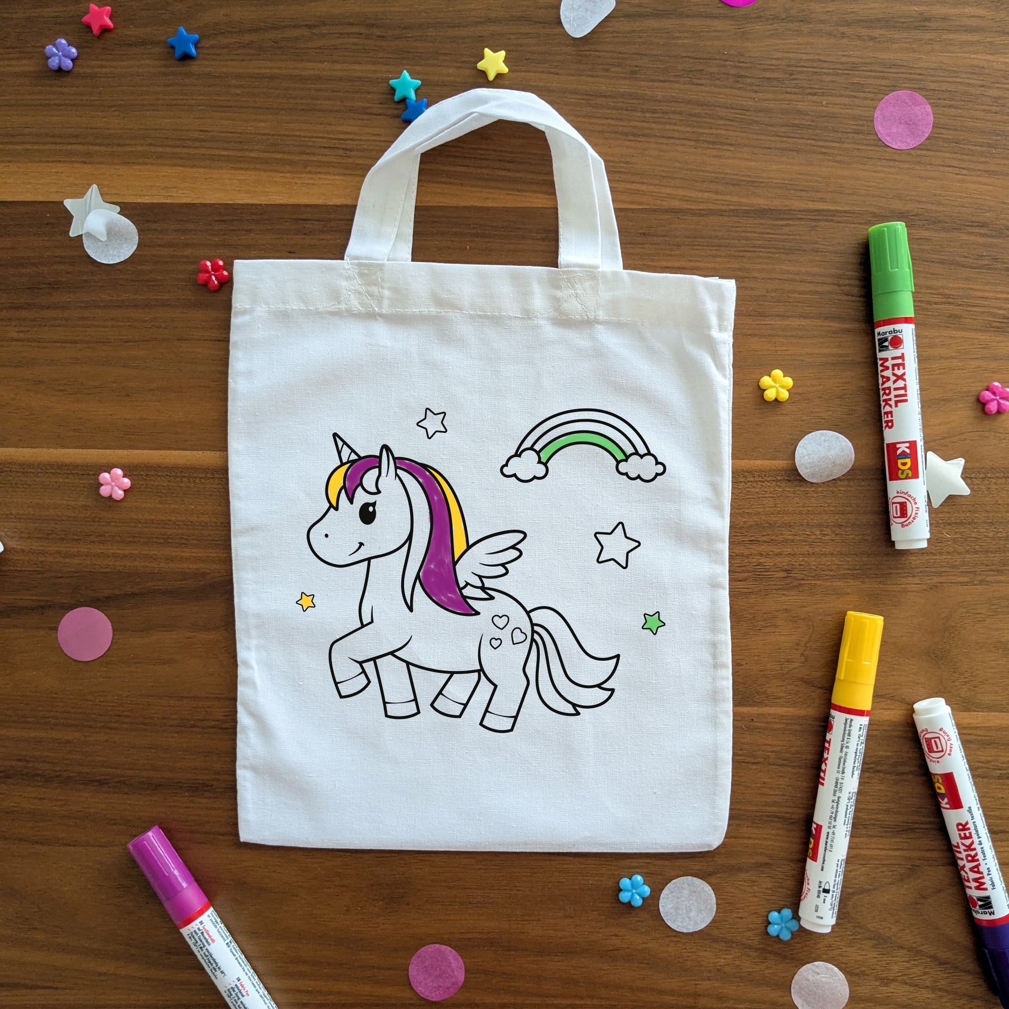 Einhorn Regenbogen Kindertaschen (5 Stück) zum Ausmalen, 22 x 26 cm, 100% Baumwolle