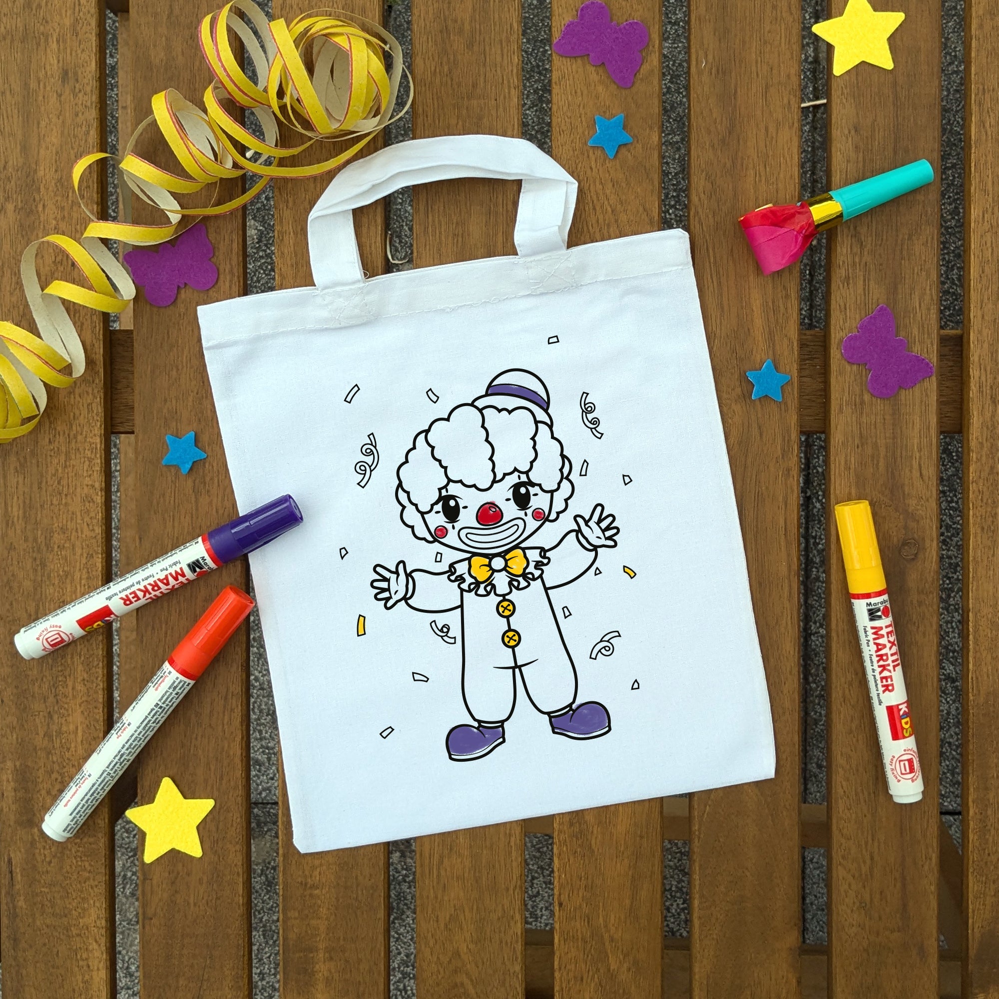 Karneval Clown Fasching Kindertaschen zum Ausmalen, 22 x 26 cm, 100% Baumwolle