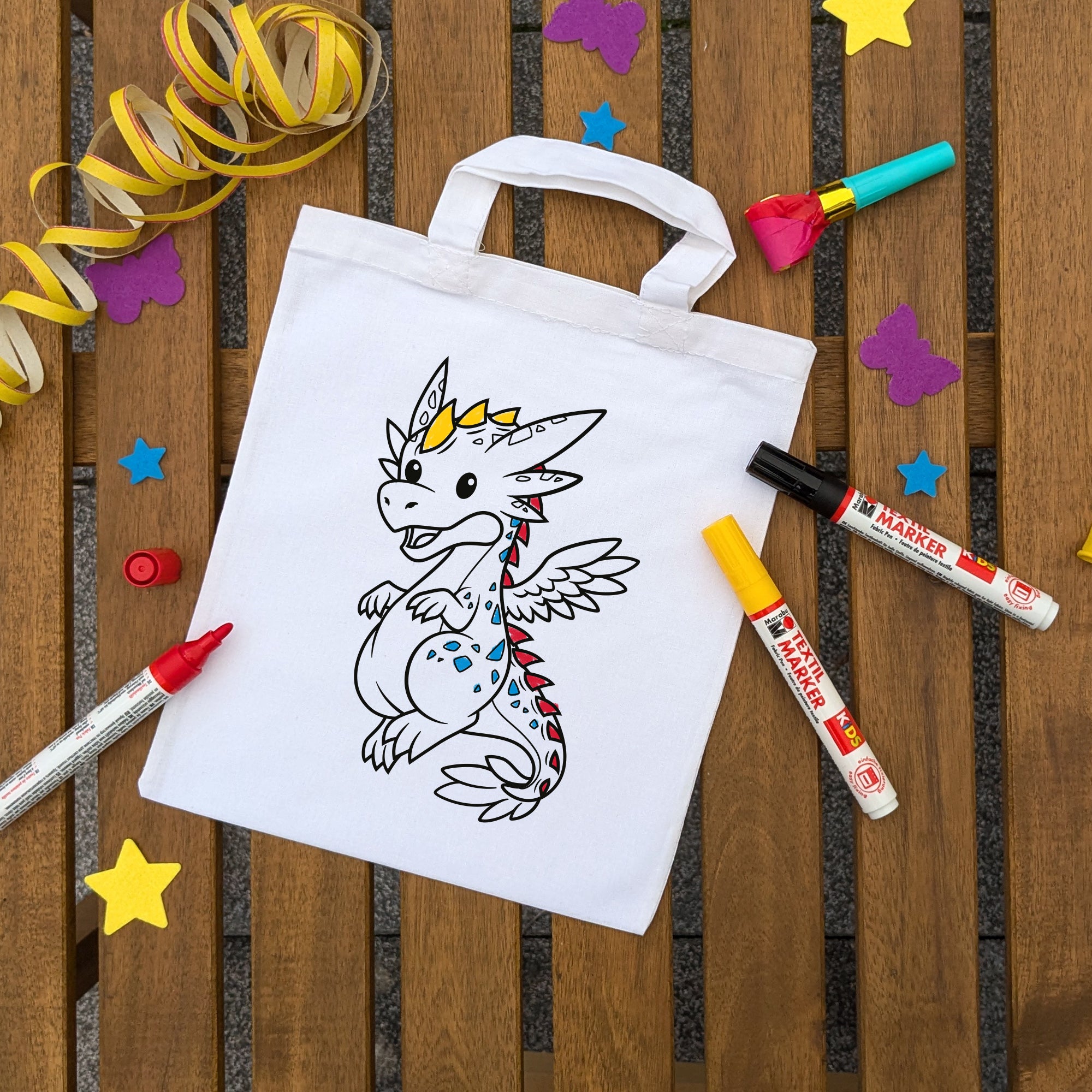 Drache Kindertaschen (5 Stück) zum Ausmalen, 22 x 26 cm, 100% Baumwolle