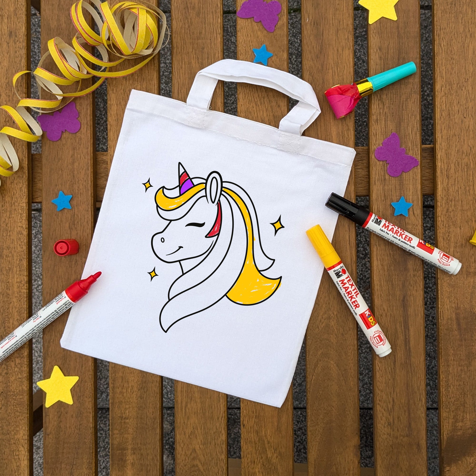 Einhorn Traum Kindertaschen (5 Stück) zum Ausmalen, 22 x 26 cm, 100% Baumwolle