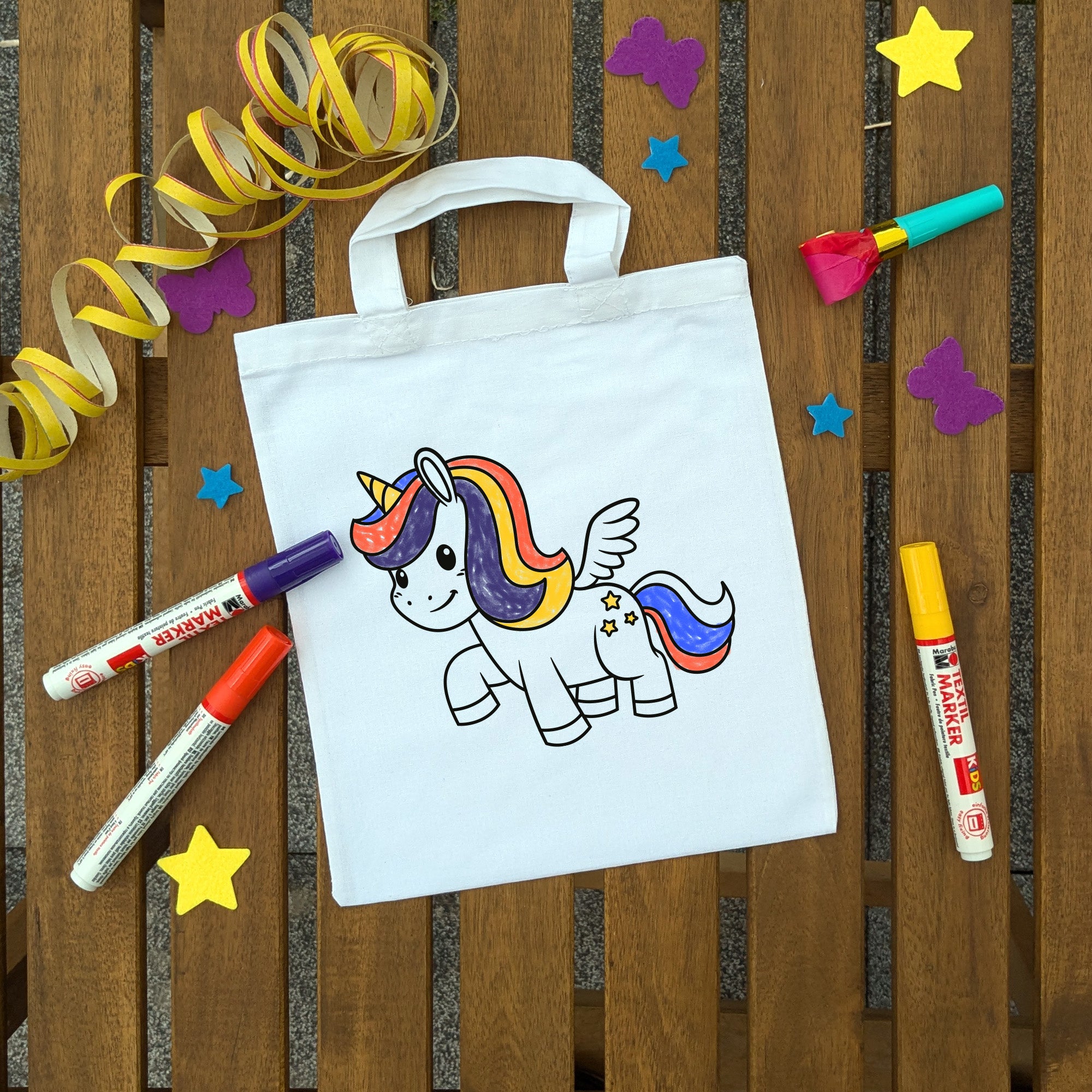 Einhorn Kindertaschen (5 Stück) zum Ausmalen, 22 x 26 cm, 100% Baumwolle
