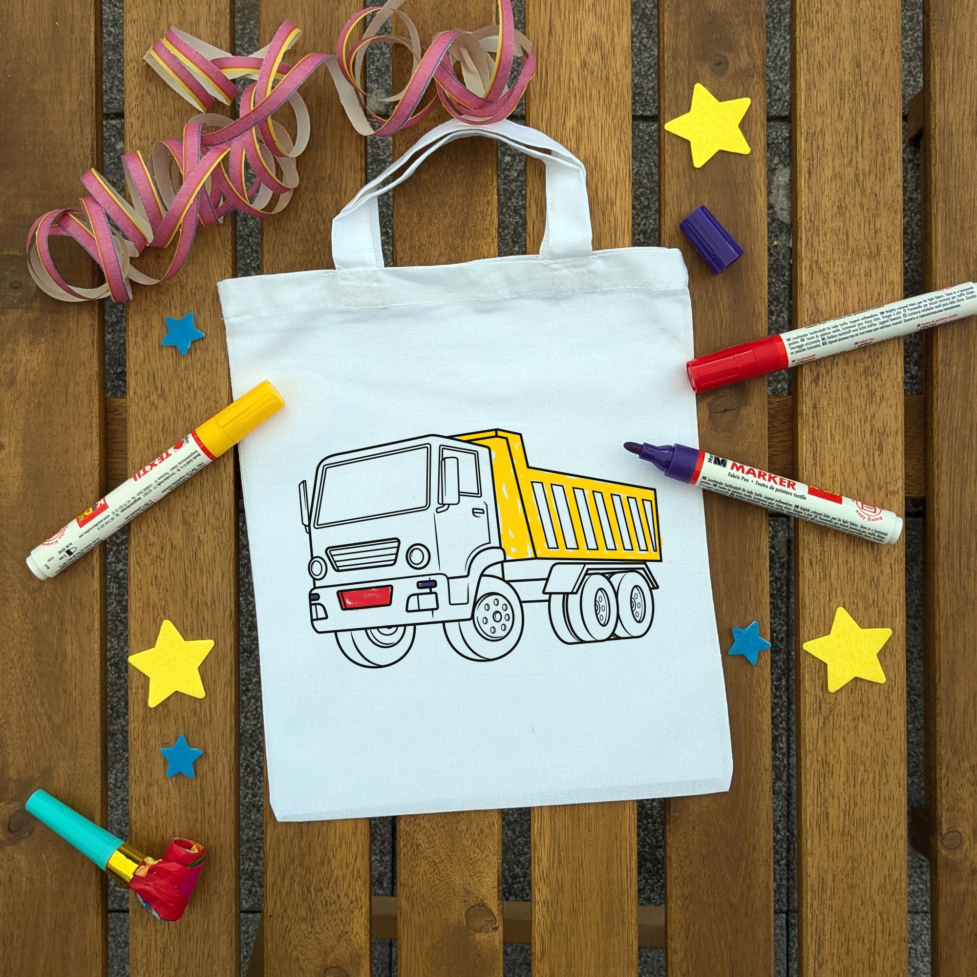 LKW Baustellenfahrzeug Kindertaschen (5 Stück) zum Ausmalen, 22 x 26 cm, 100% Baumwolle