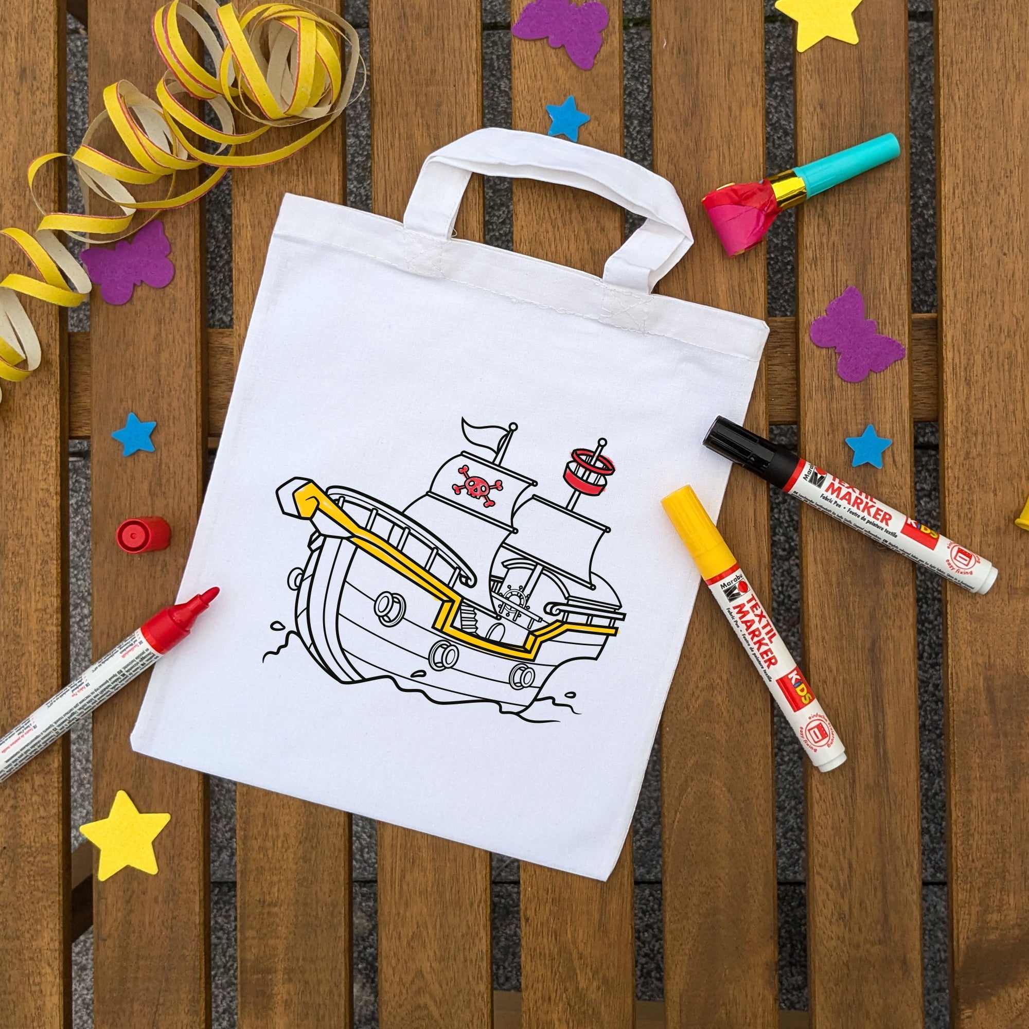 Piratenschiff Kindertaschen (5 Stück) zum Ausmalen, 22 x 26 cm, 100% Baumwolle