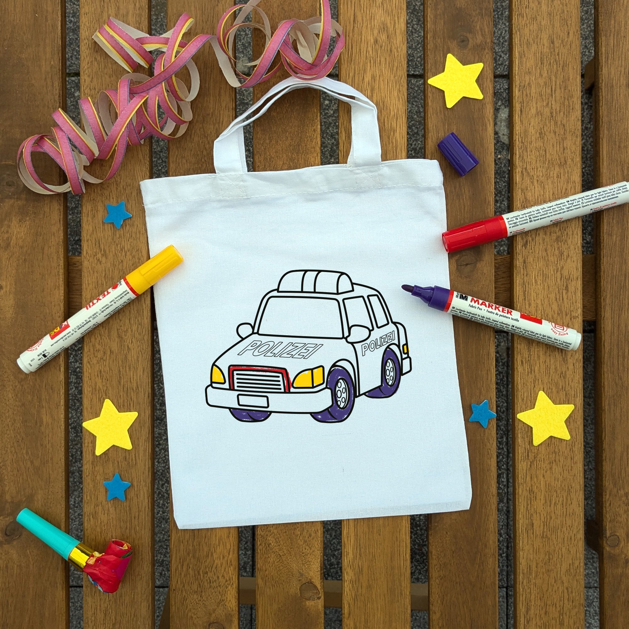 Polizeiauto Kindertaschen (5 Stück) zum Ausmalen, 22 x 26 cm, 100% Baumwolle