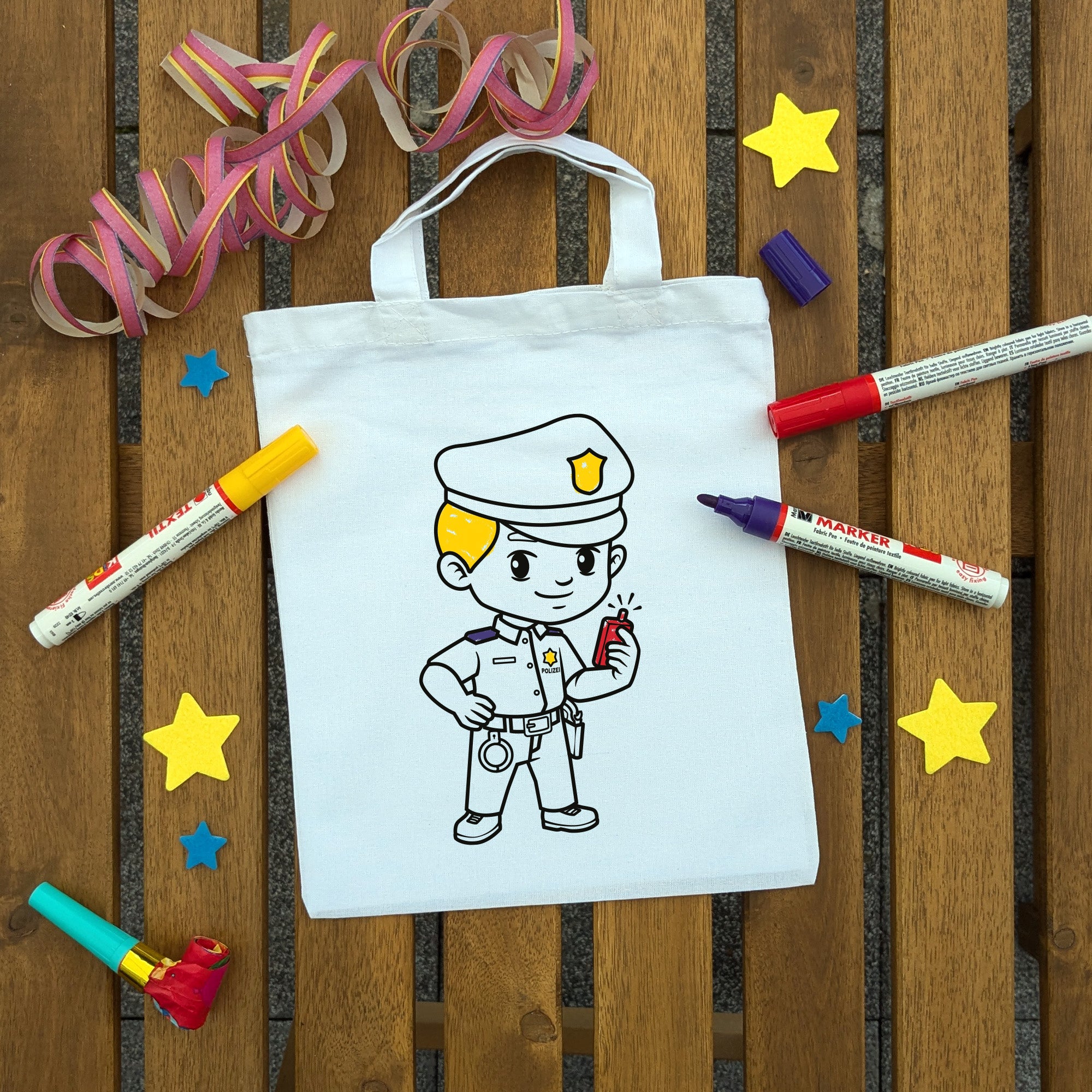 Polizist Kindertaschen (5 Stück) zum Ausmalen, 22 x 26 cm, 100% Baumwolle