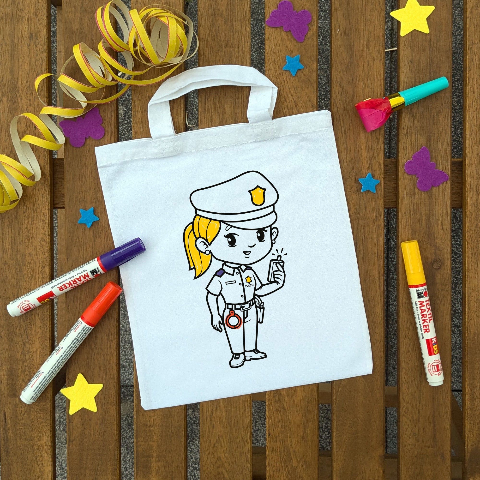 Polizistin Kindertaschen (5 Stück) zum Ausmalen, 22 x 26 cm, 100% Baumwolle