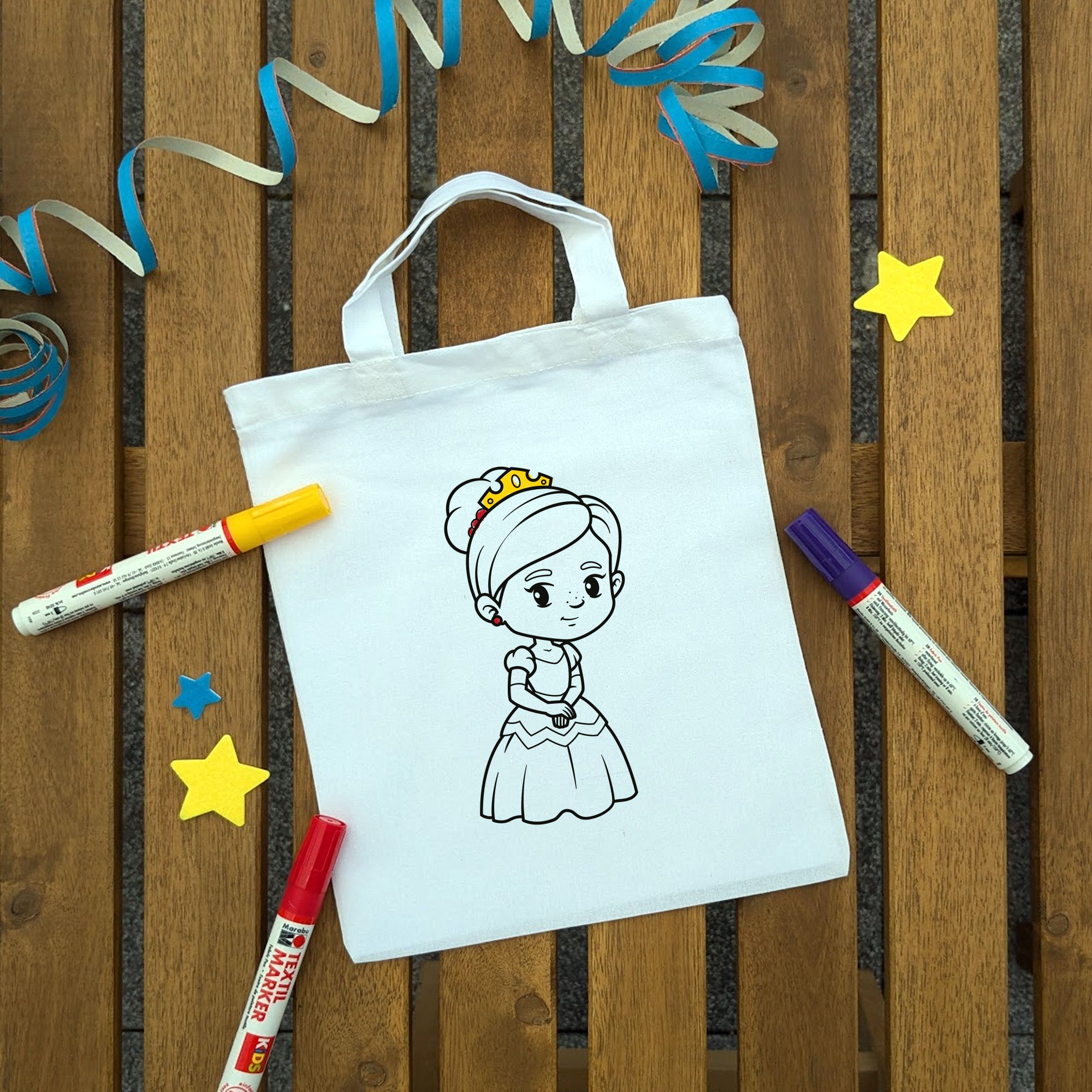 Prinzessin Kindertaschen (5 Stück) zum Ausmalen, 22 x 26 cm, 100% Baumwolle