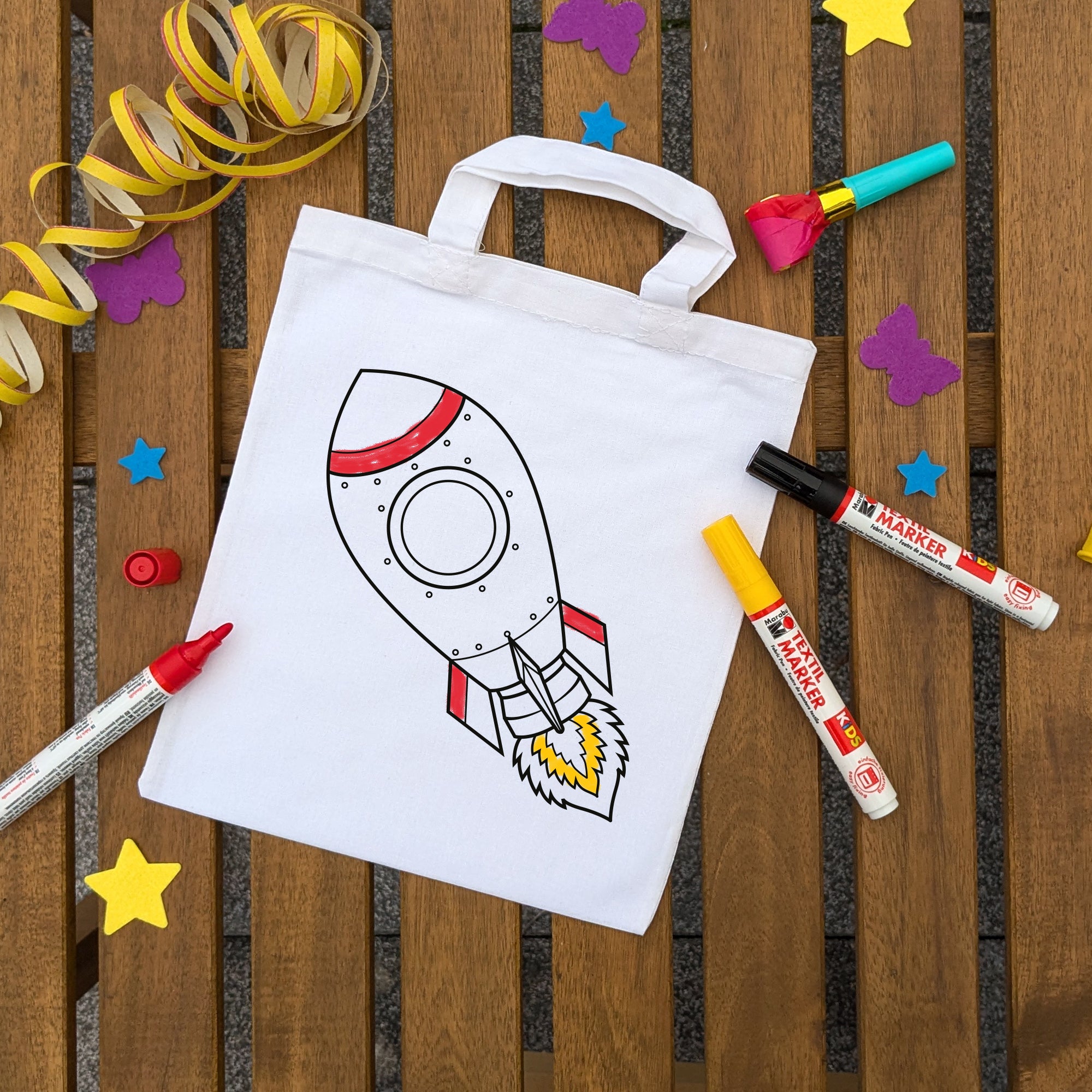 Rakete Kindertaschen zum Ausmalen, 22 x 26 cm, 100% Baumwolle