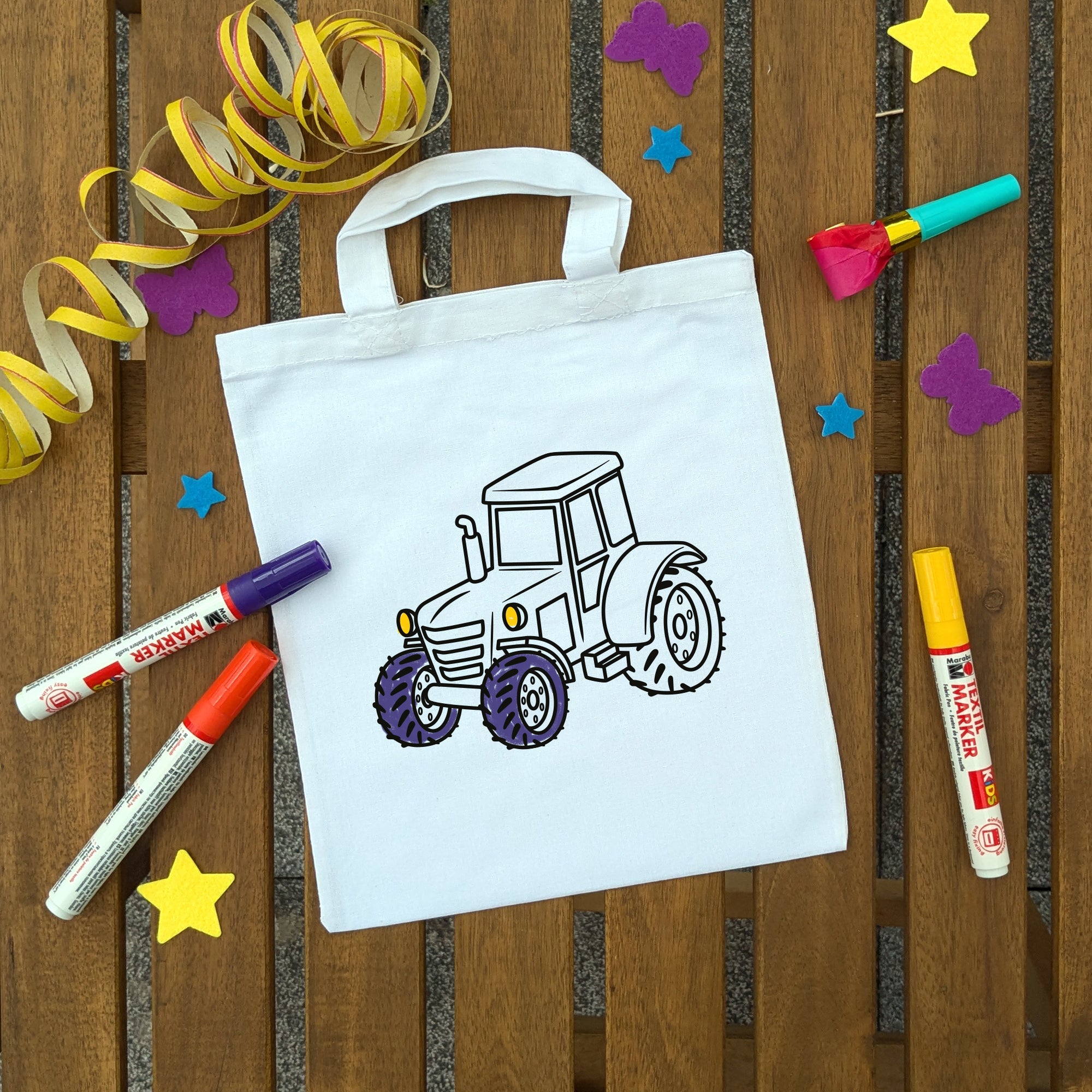 Traktor Kindertaschen (5 Stück) zum Ausmalen, 22 x 26 cm, 100% Baumwolle