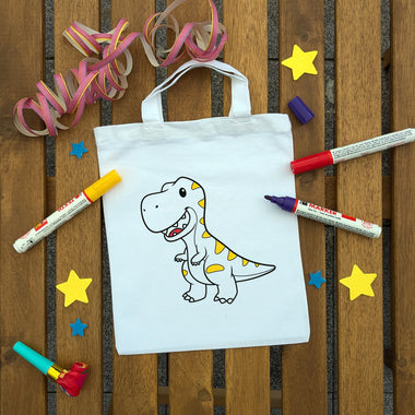 T-Rex Dinosaurier Kindertaschen zum Ausmalen, 22 x 26 cm, 100% Baumwolle