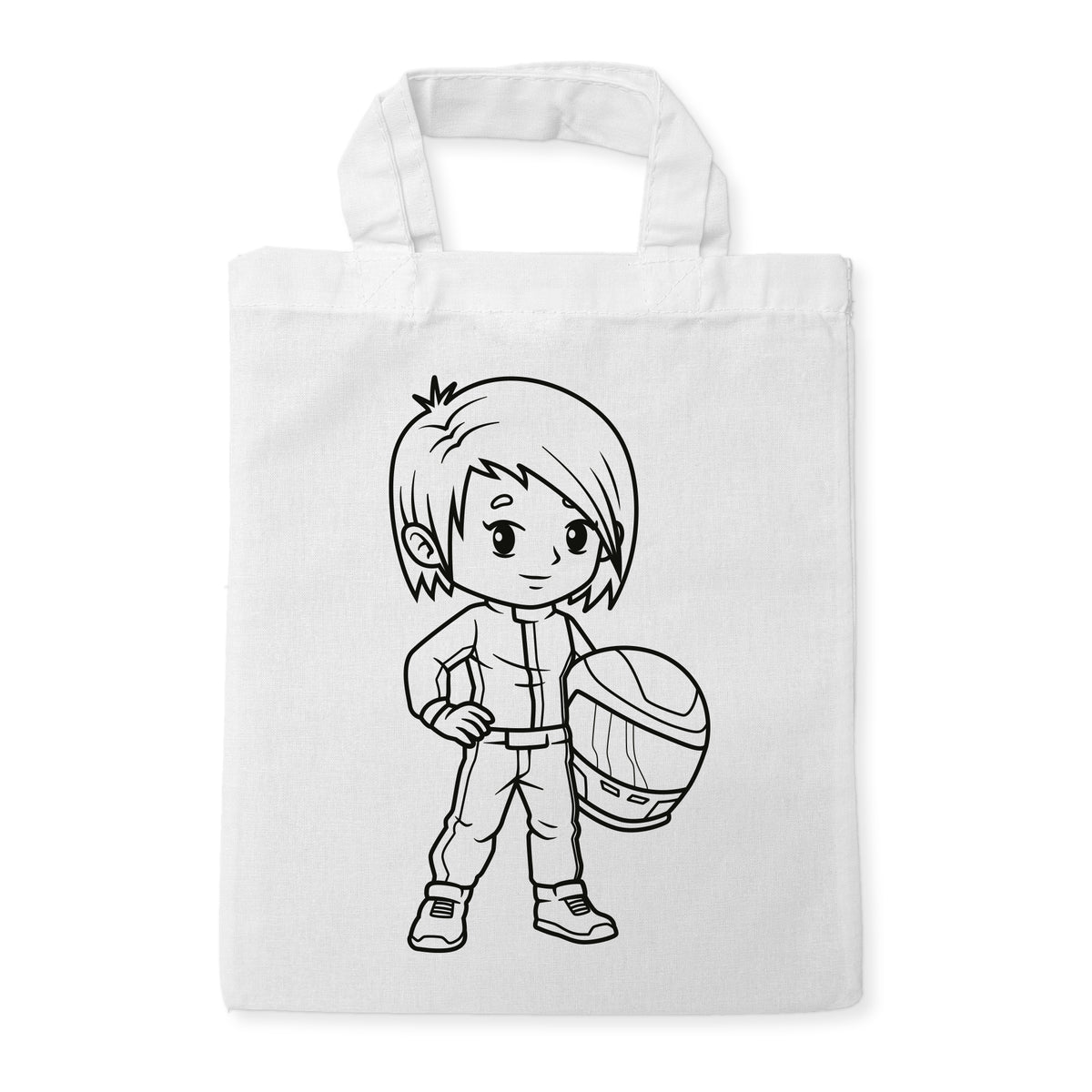 Rennfahrerin Ausmaltasche für Kinder, unbemaltes Motiv