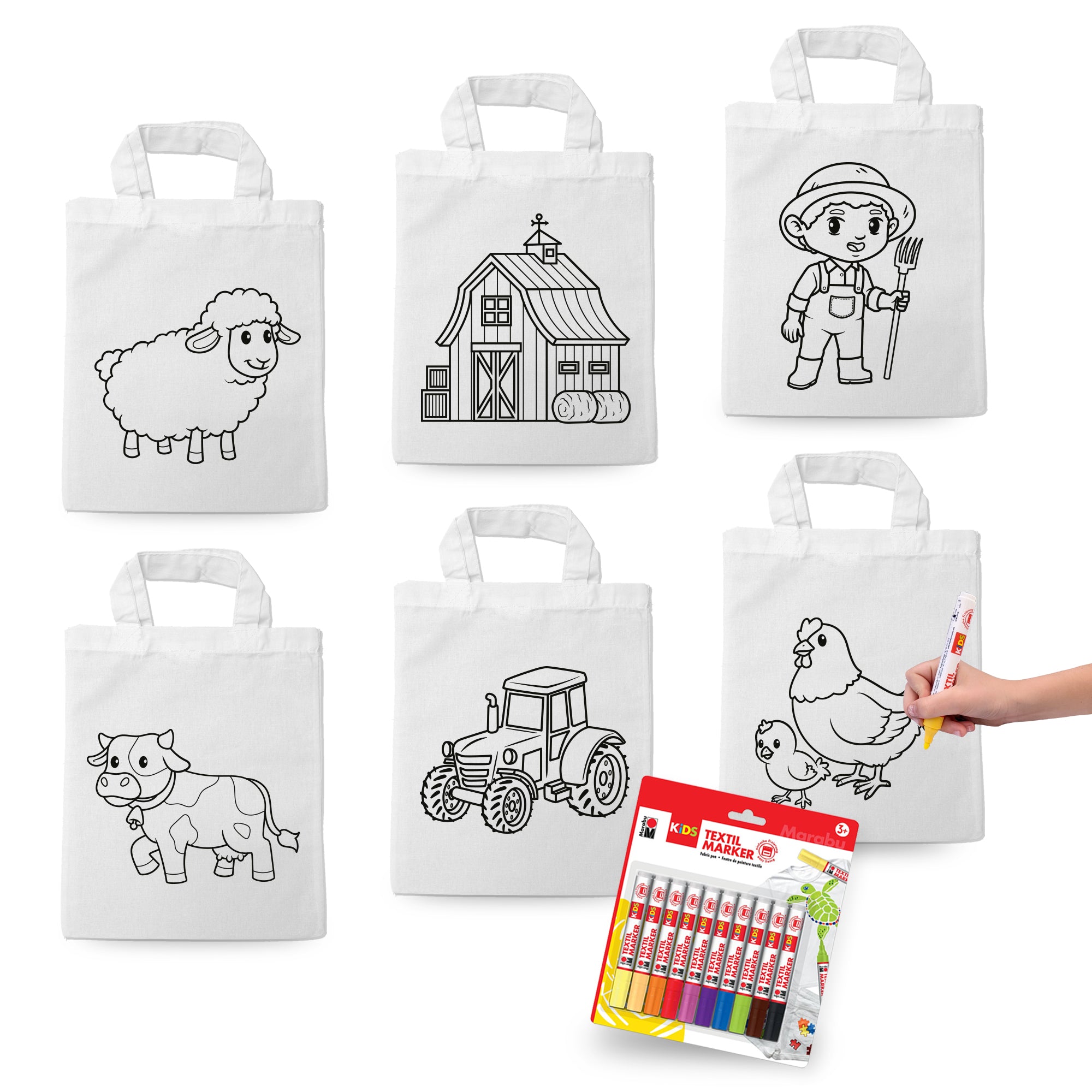 Ausmaltaschen Set "Bauernhof" (6x Taschen inkl. 10 Textilstiften)
