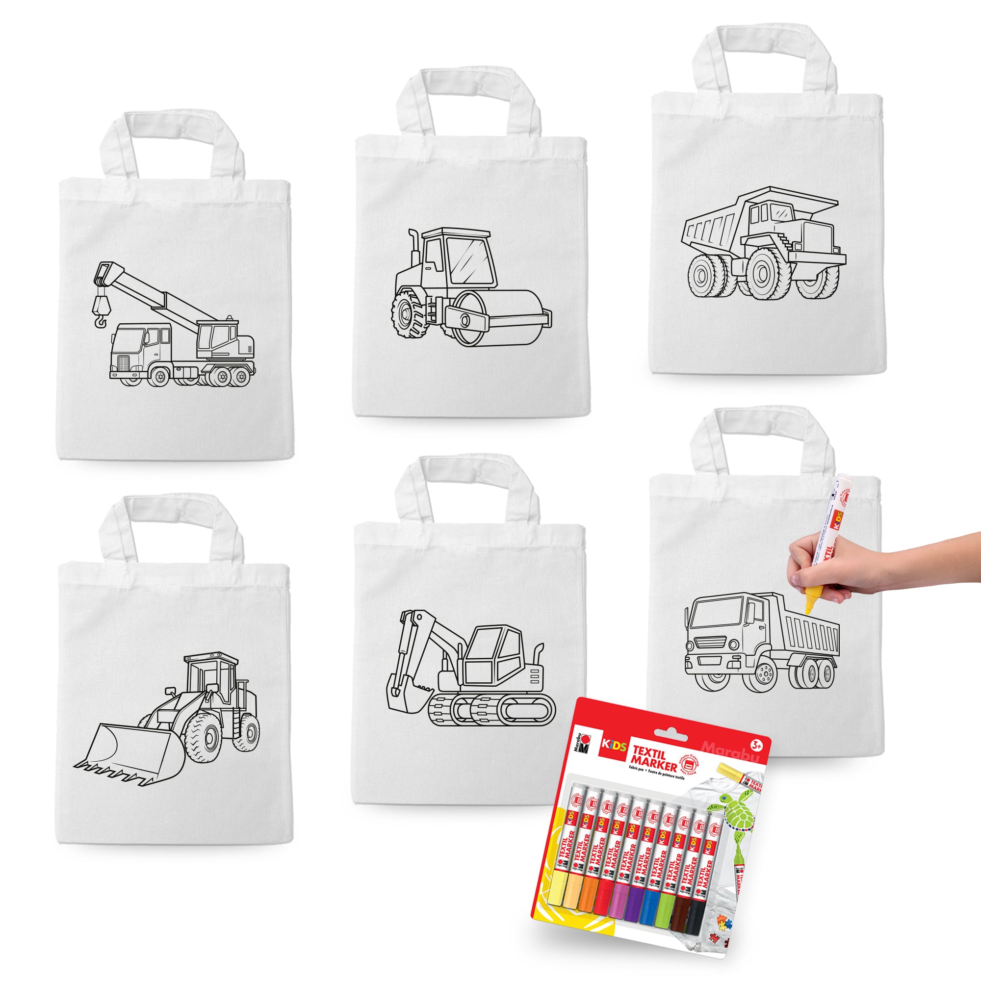 Ausmaltaschen Set "Baustelle" (6x Taschen inkl. 10 Textilstiften)